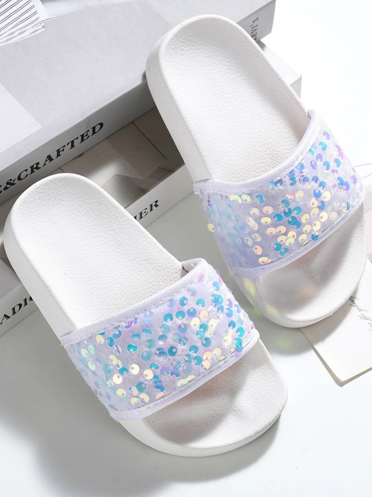 Seaside Sparkle White Sequin Slides by MB Shoes - Image 4