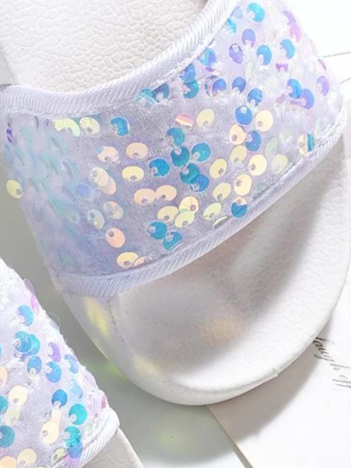 Seaside Sparkle White Sequin Slides by MB Shoes - Image 5