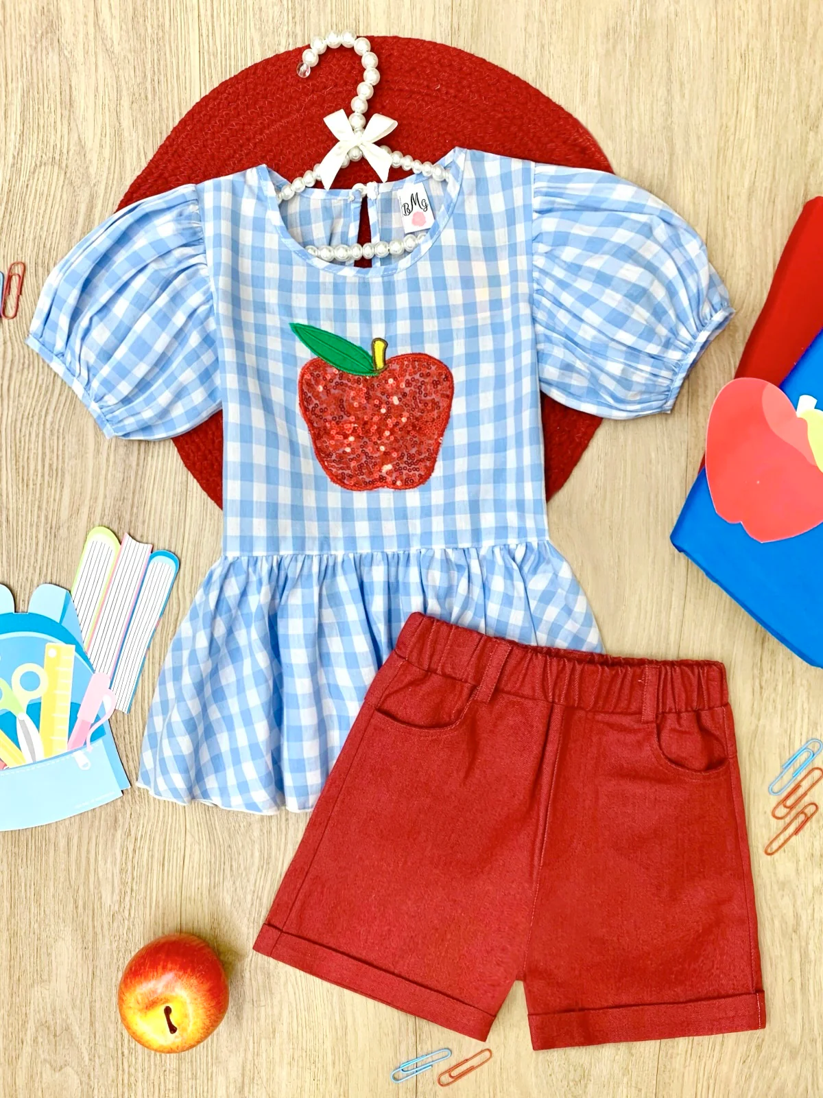 Sequin Apple Puff Sleeve Top & Red Short Set - Image 2