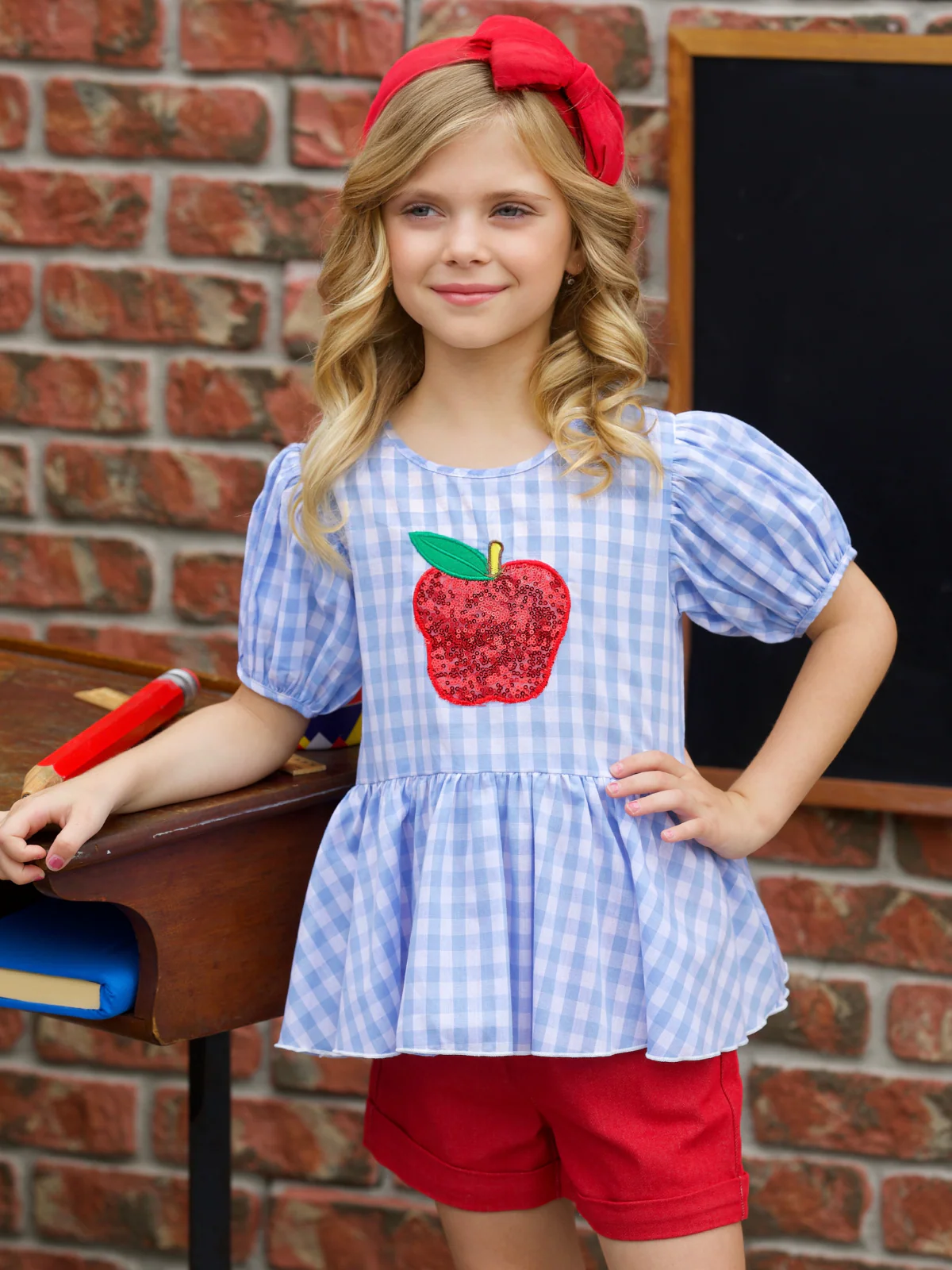 Sequin Apple Puff Sleeve Top & Red Short Set - Image 3