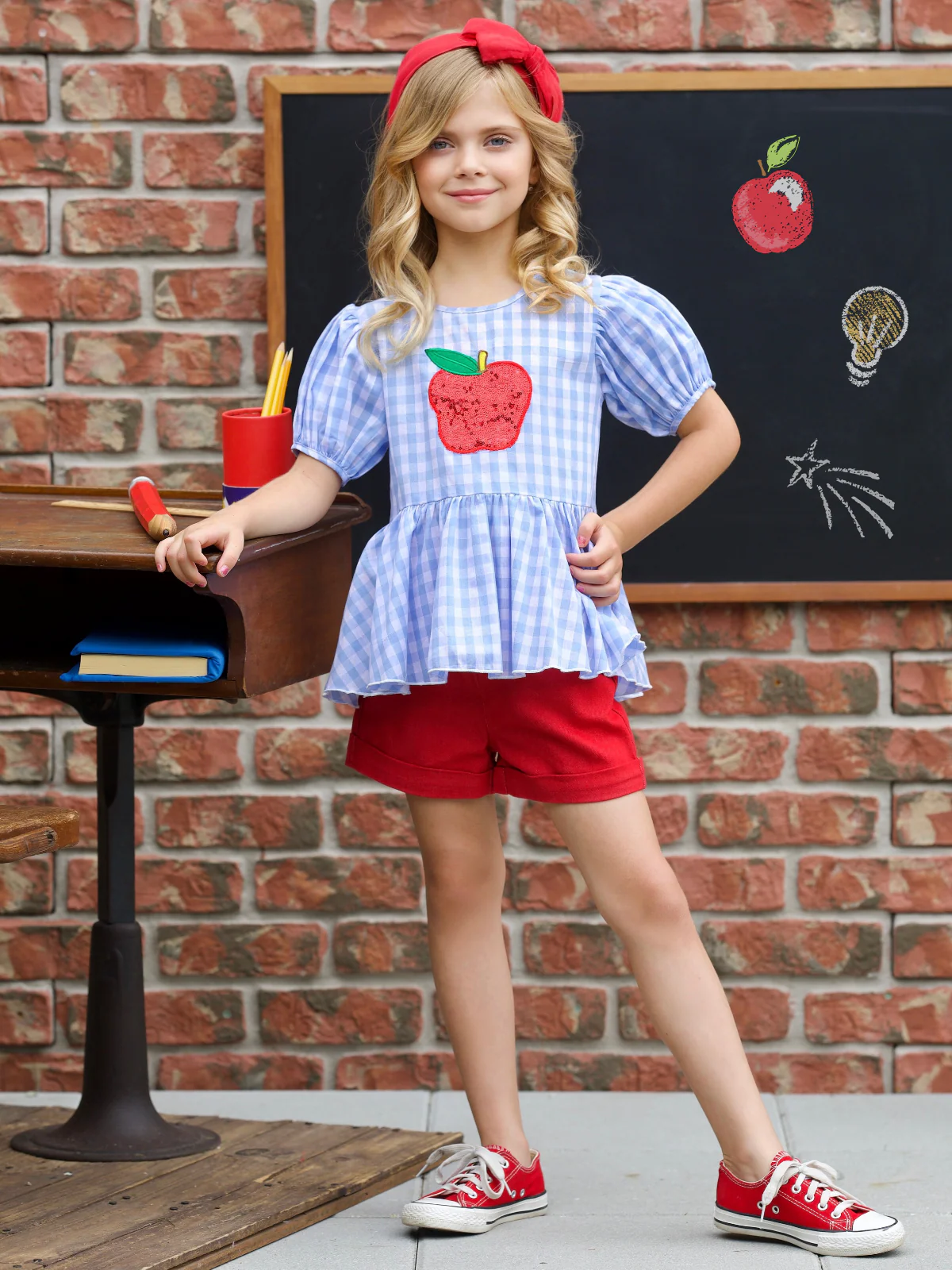 Sequin Apple Puff Sleeve Top & Red Short Set - Image 5