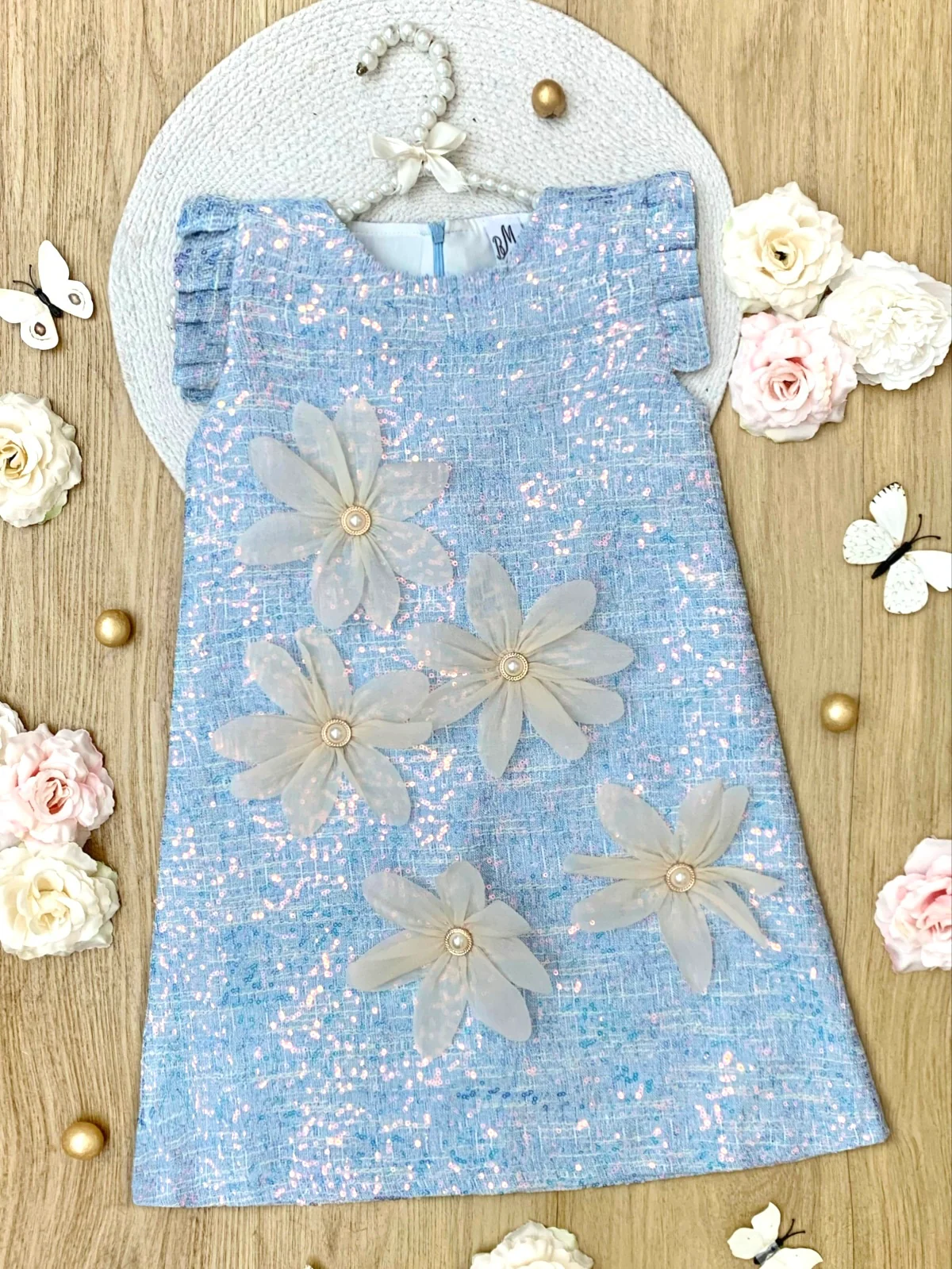 Blue Sequin Daisy Pearl-Accent Shift Dress - Image 2