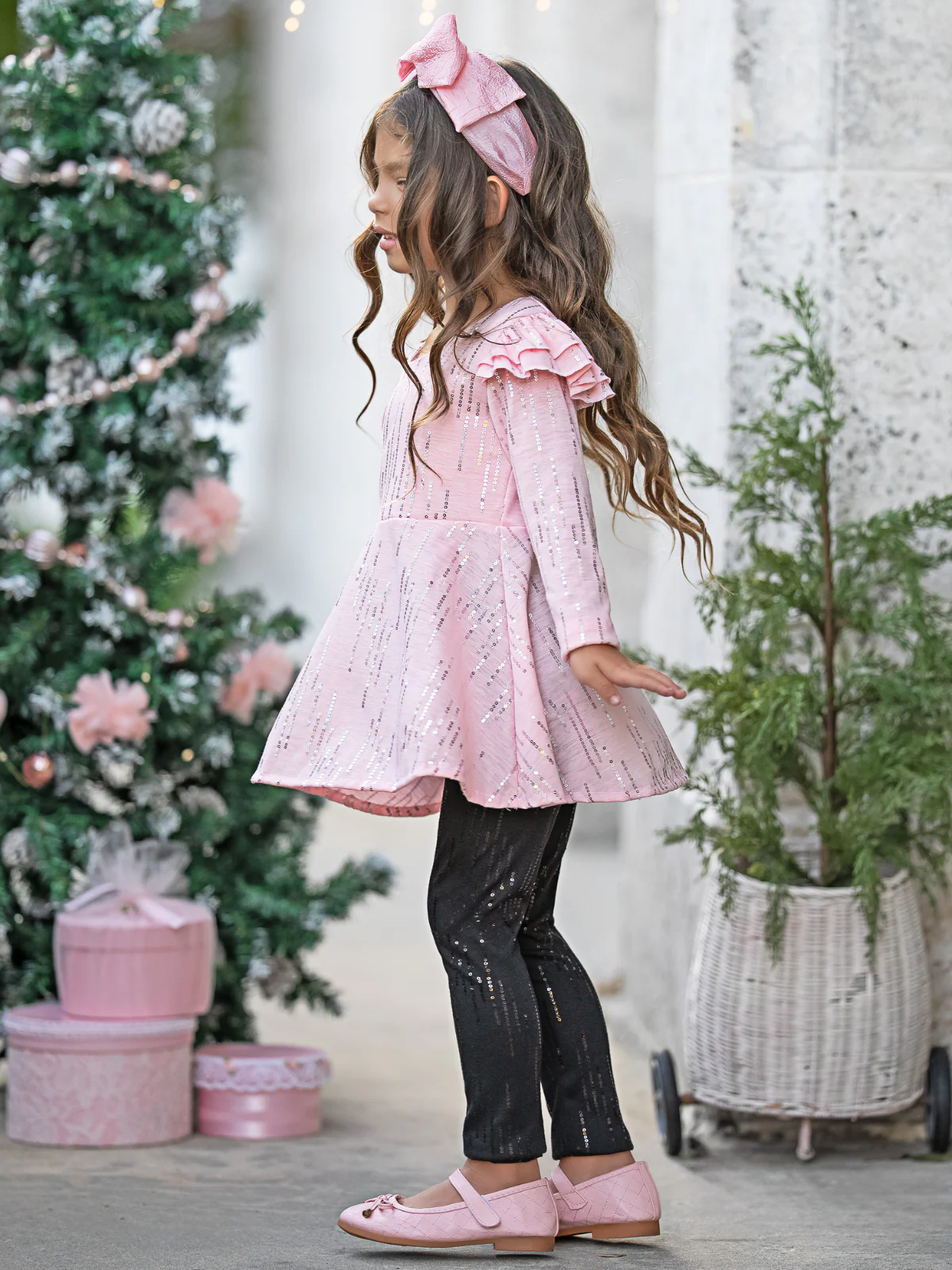 Shine Bright Shimmer Pink Ruffle Top and Legging Set - Image 2
