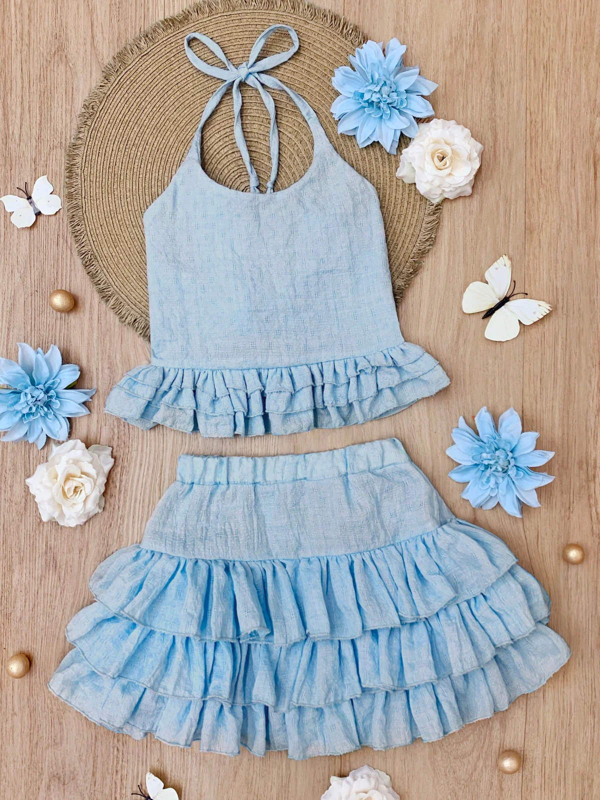 Sky Blue Linen Halter Top and Skirt Set - Image 3