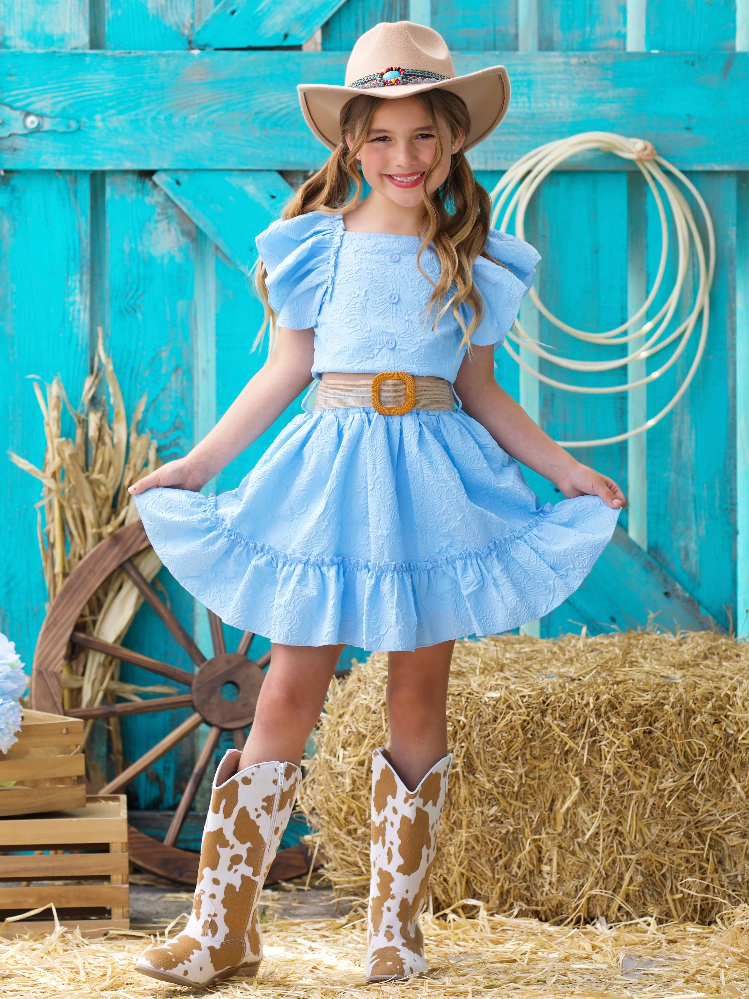 Sky Blue Ruffle Sleeve Belted Skirt Set - Image 2