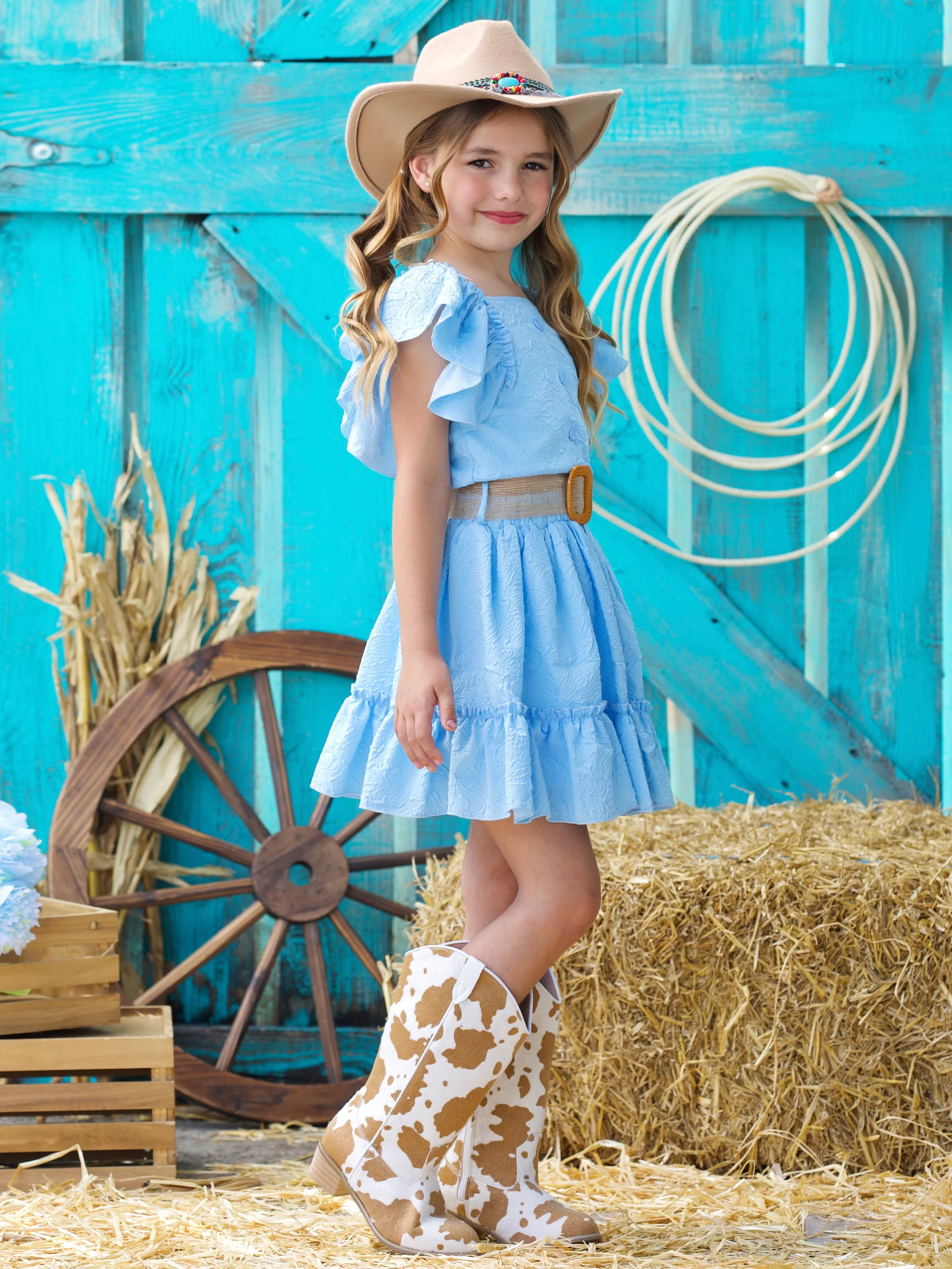 Sky Blue Ruffle Sleeve Belted Skirt Set - Image 3