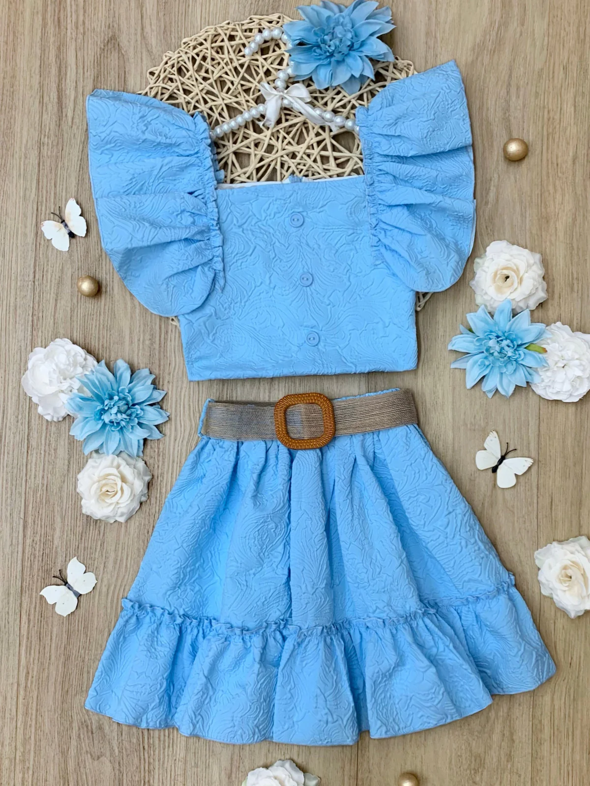 Sky Blue Ruffle Sleeve Belted Skirt Set - Image 4