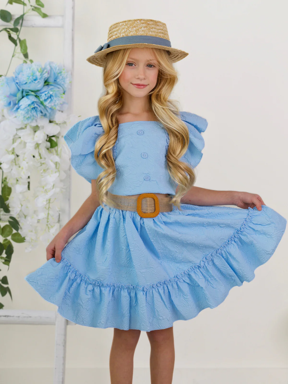 Sky Blue Ruffle Sleeve Belted Skirt Set - Image 5