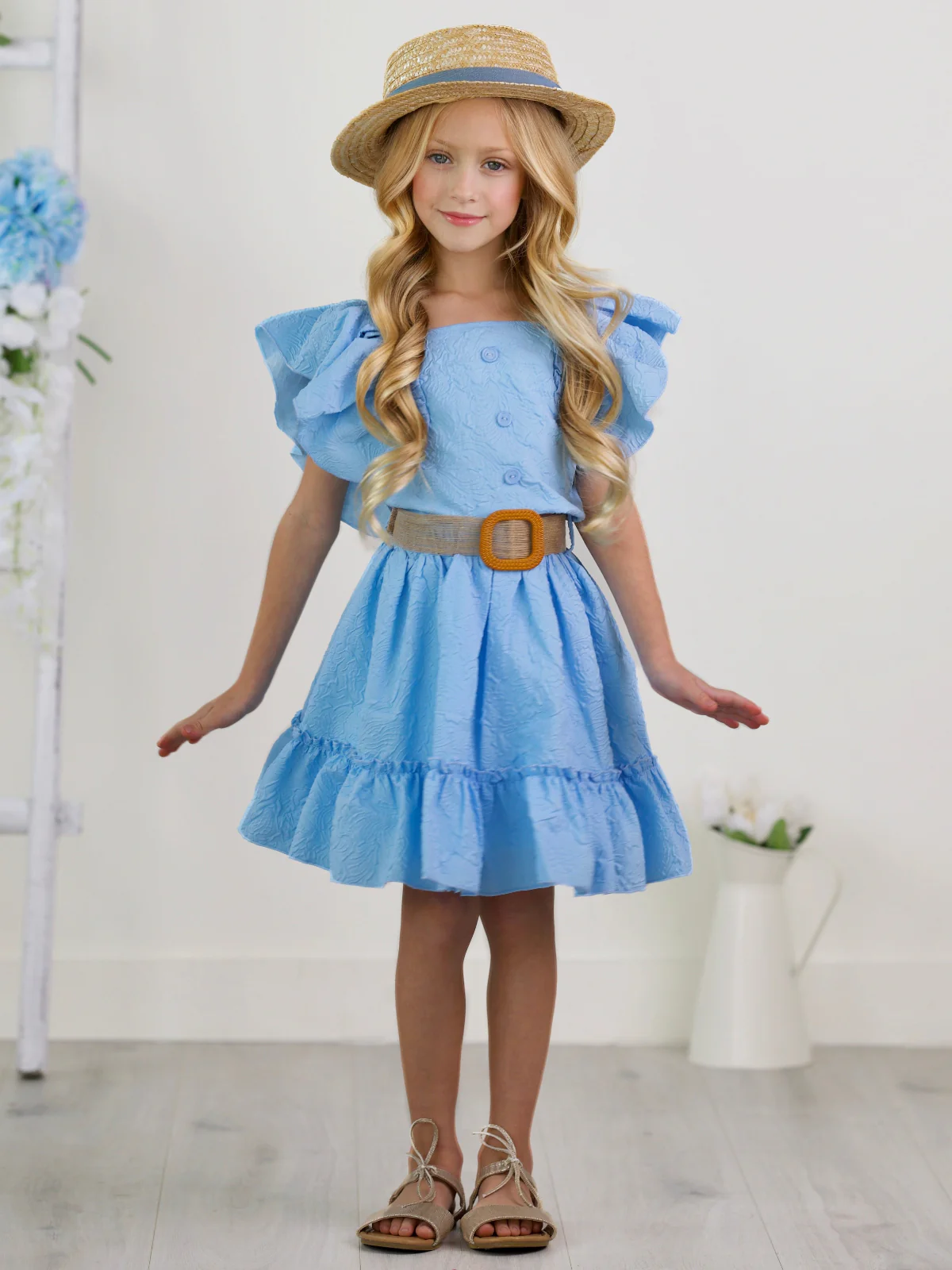 Sky Blue Ruffle Sleeve Belted Skirt Set - Image 7