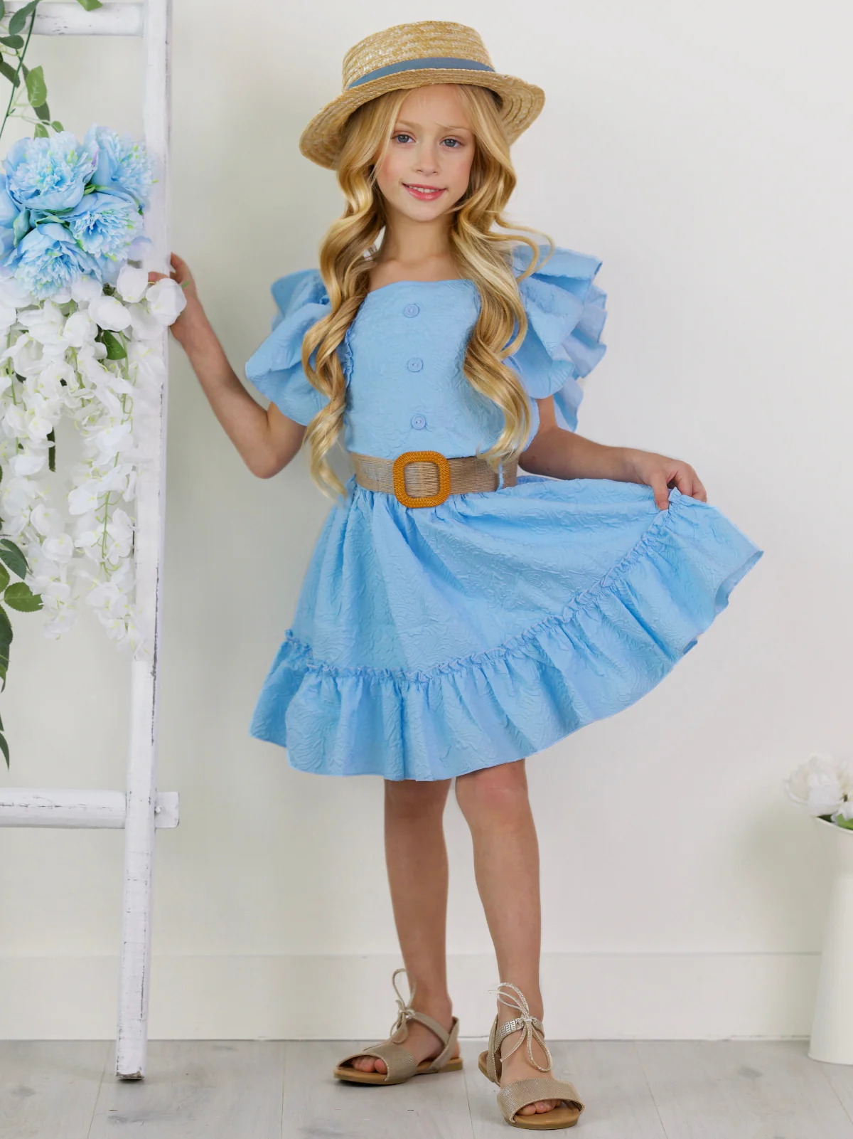 Sky Blue Ruffle Sleeve Belted Skirt Set - Image 8
