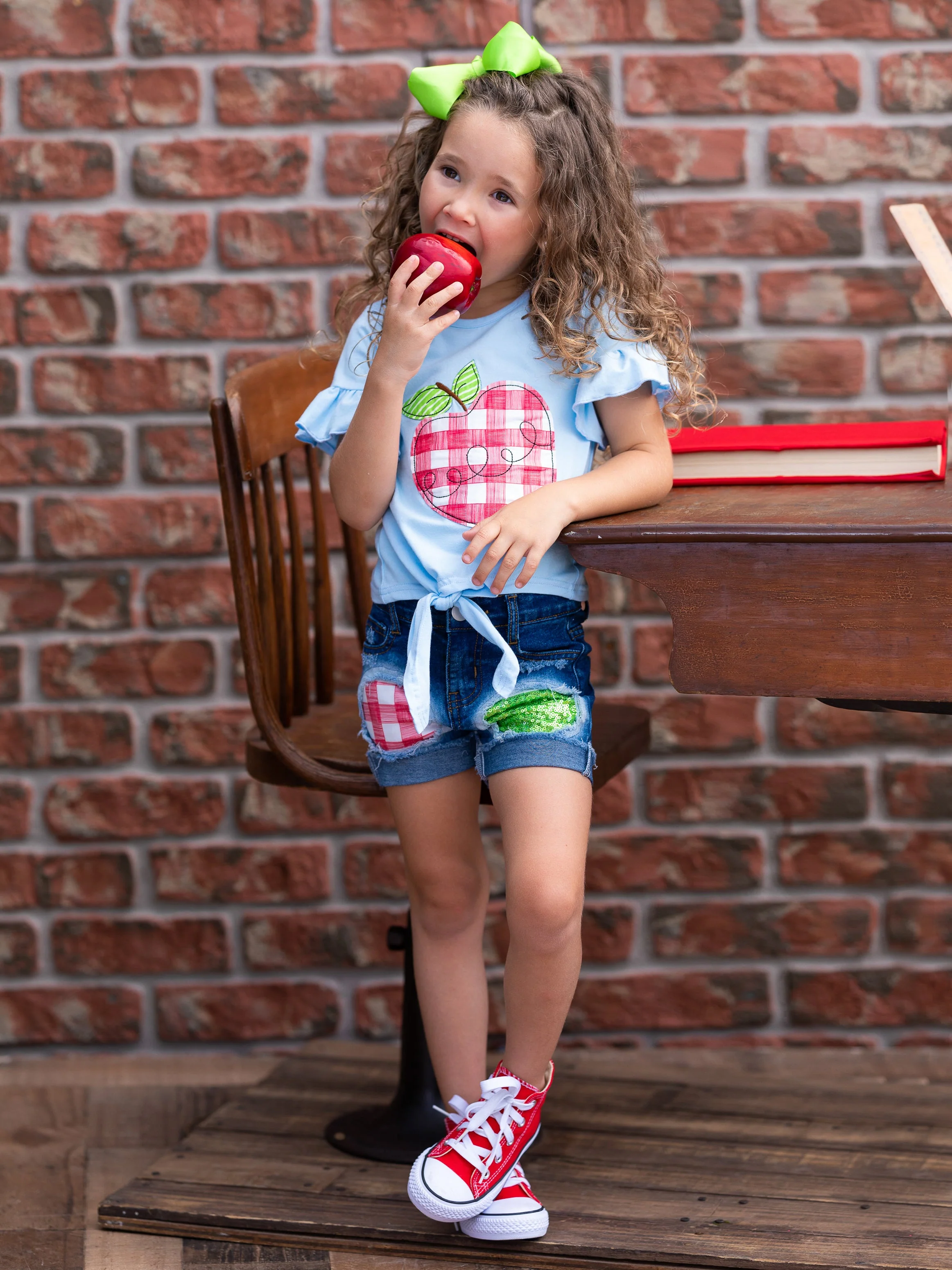 Smart Apple Sparkly Patched Denim Short Set - Image 3
