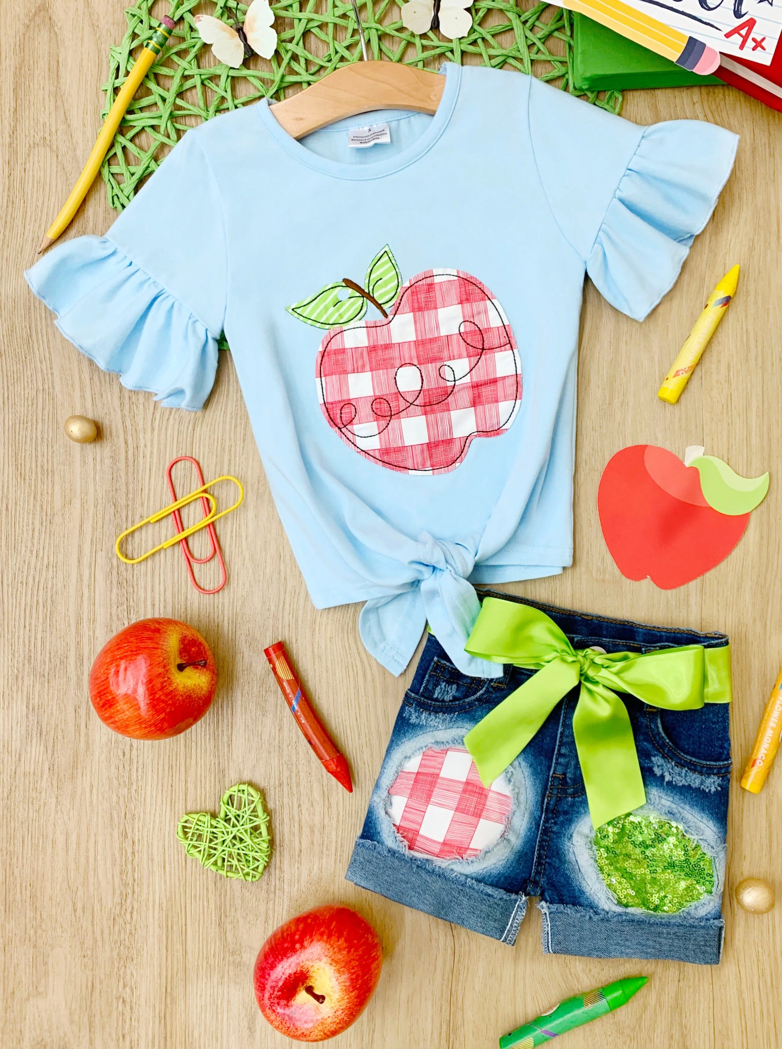 Smart Apple Sparkly Patched Denim Short Set - Image 4