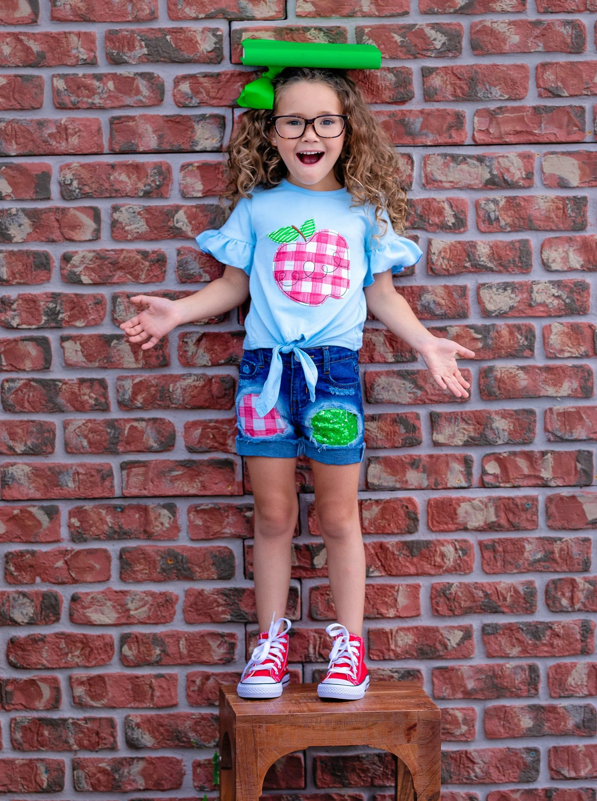 Smart Apple Sparkly Patched Denim Short Set - Image 5