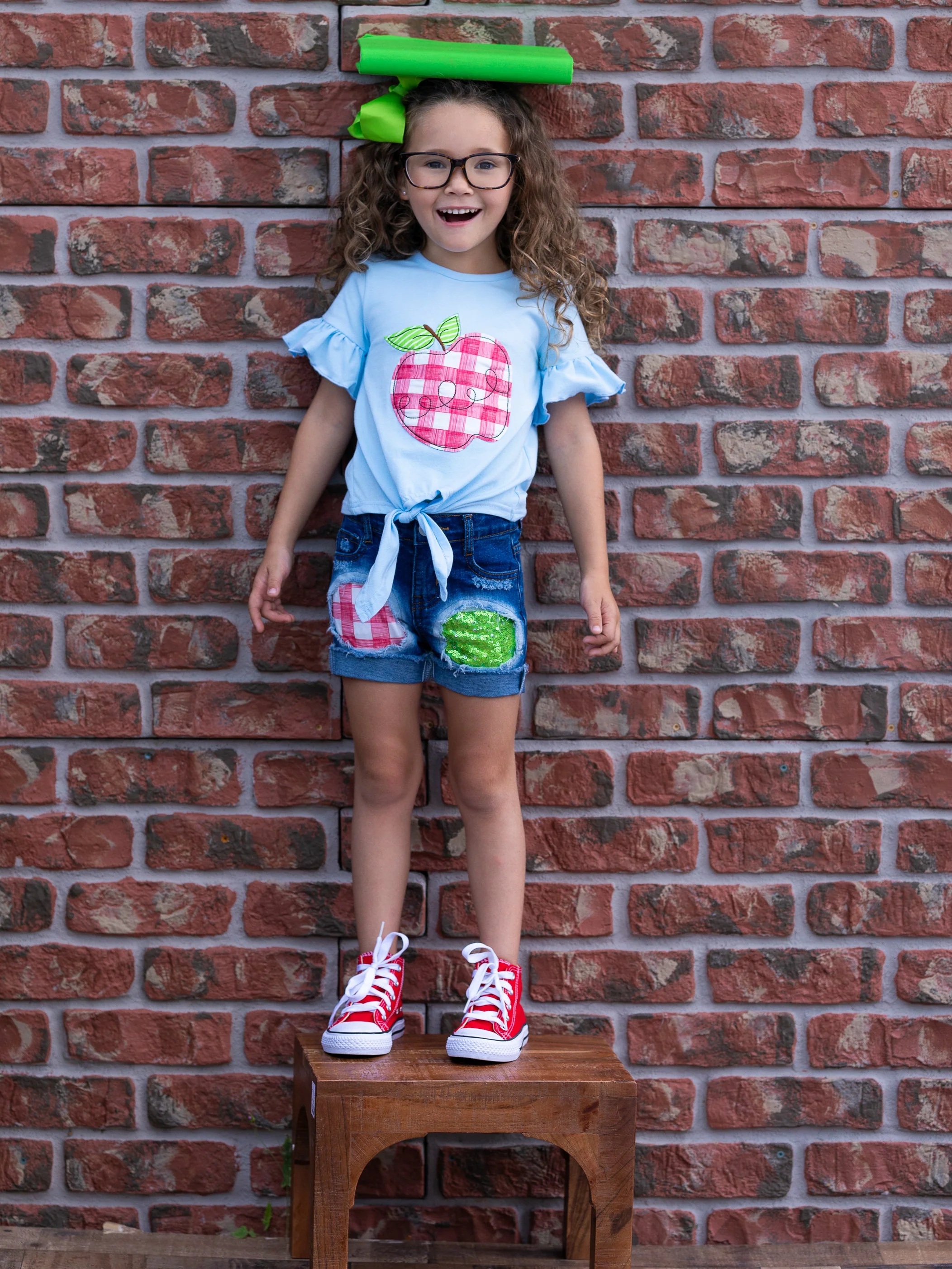 Smart Apple Sparkly Patched Denim Short Set - Image 6