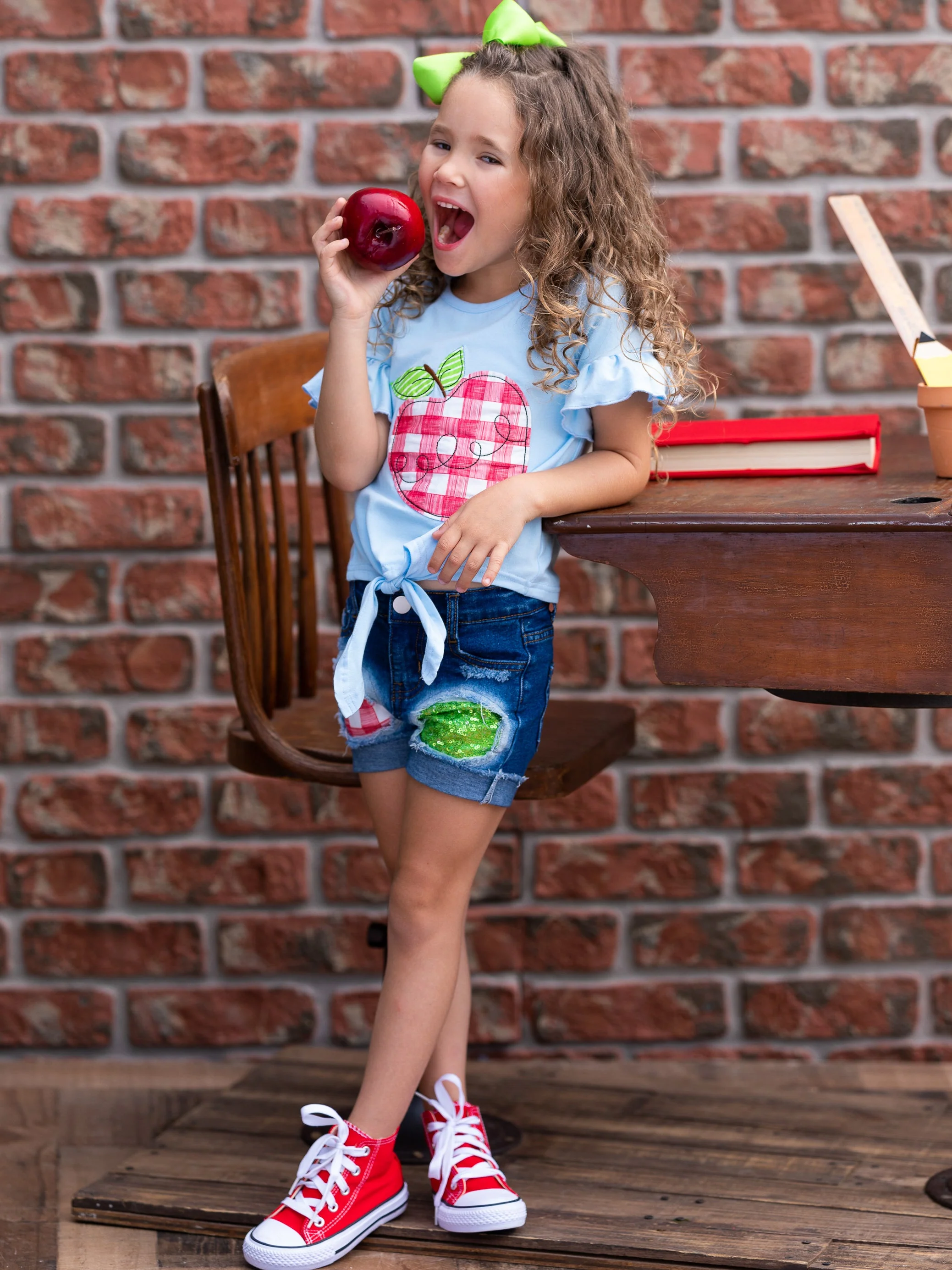 Smart Apple Sparkly Patched Denim Short Set - Image 7