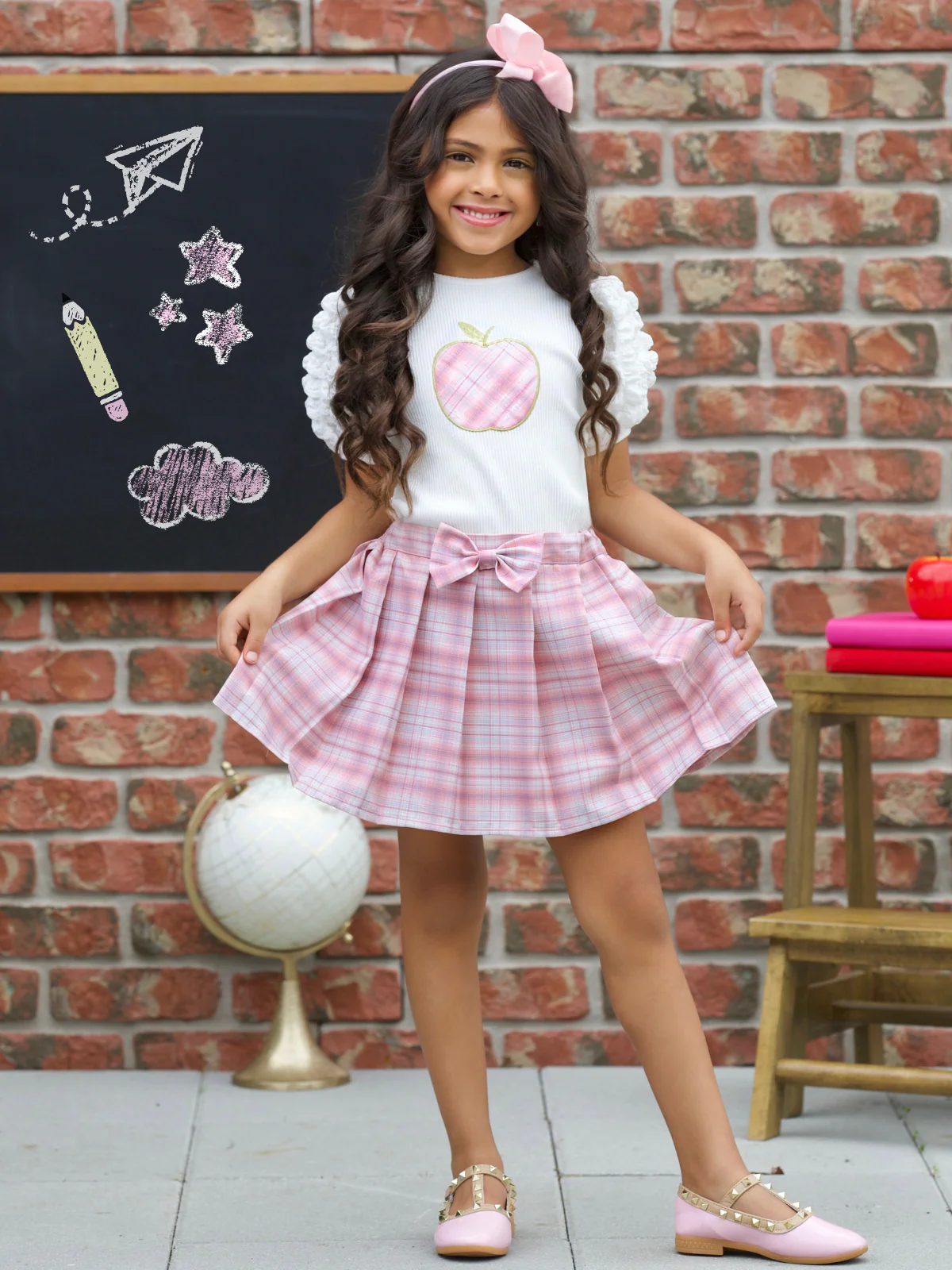 Smarty Apple Puff Sleeve Top & Pleated Plaid Skirt Set - Image 2