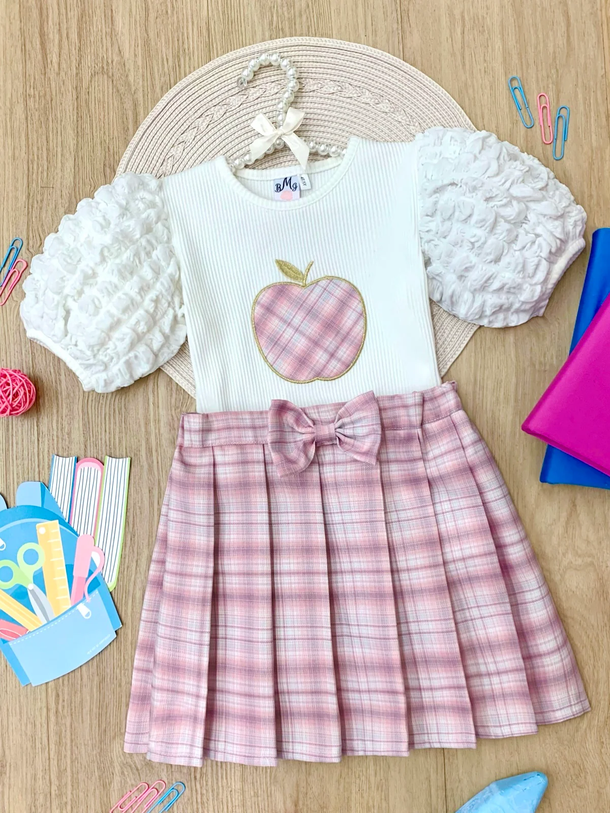 Smarty Apple Puff Sleeve Top & Pleated Plaid Skirt Set - Image 5