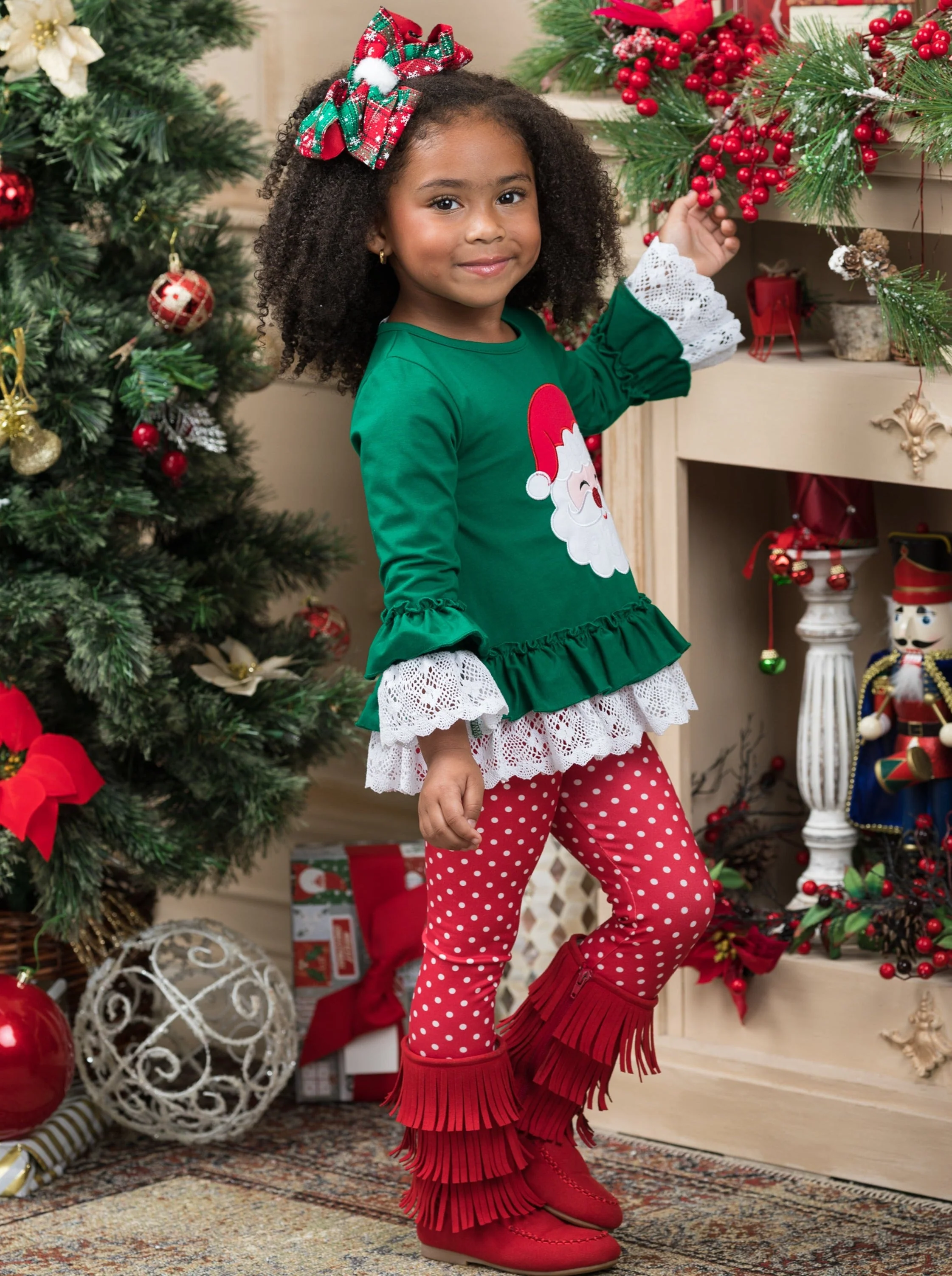 Smiley Santa Ruffled Tunic And Polka Dot Legging Set - Image 2