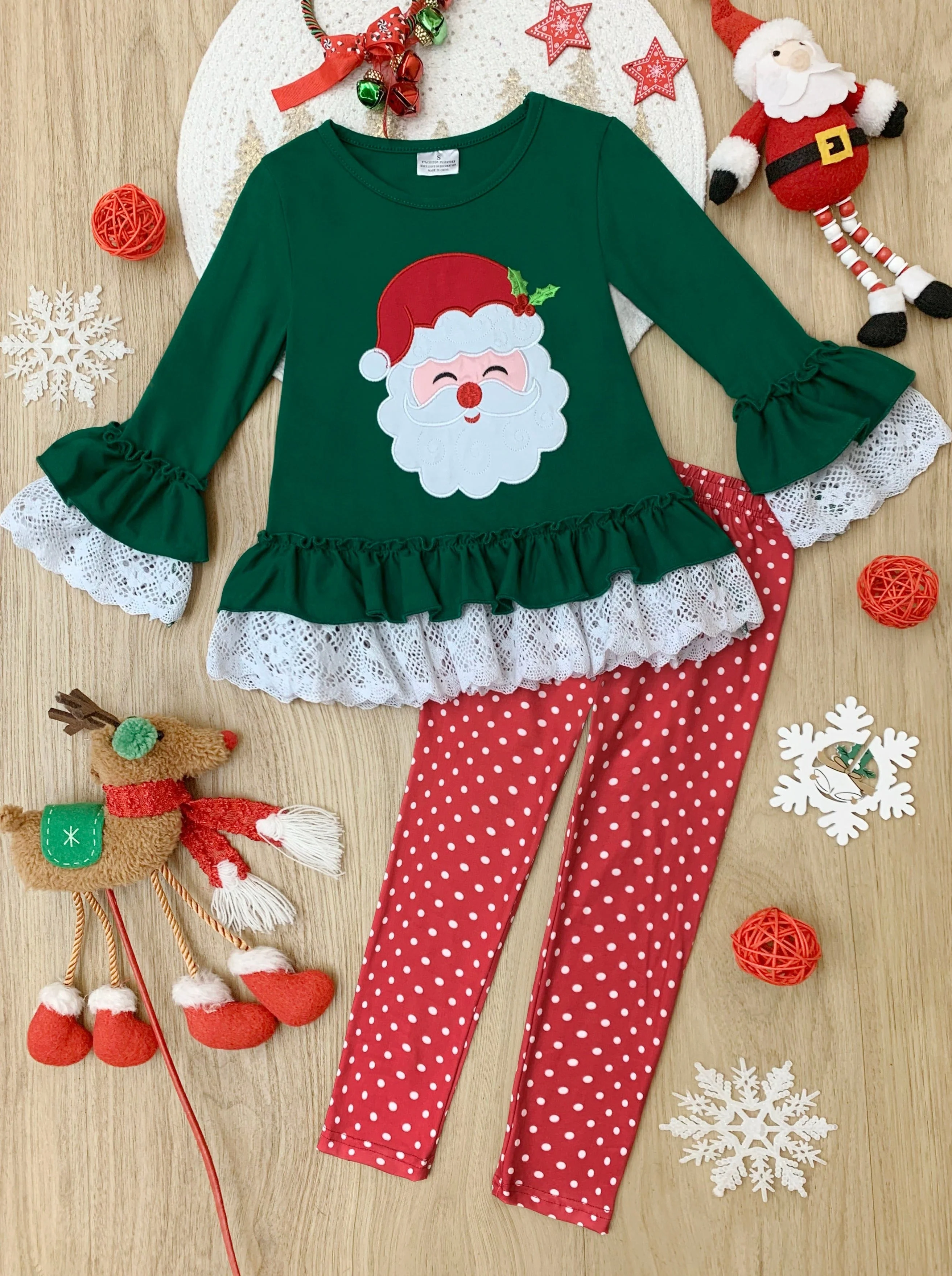 Smiley Santa Ruffled Tunic And Polka Dot Legging Set - Image 3