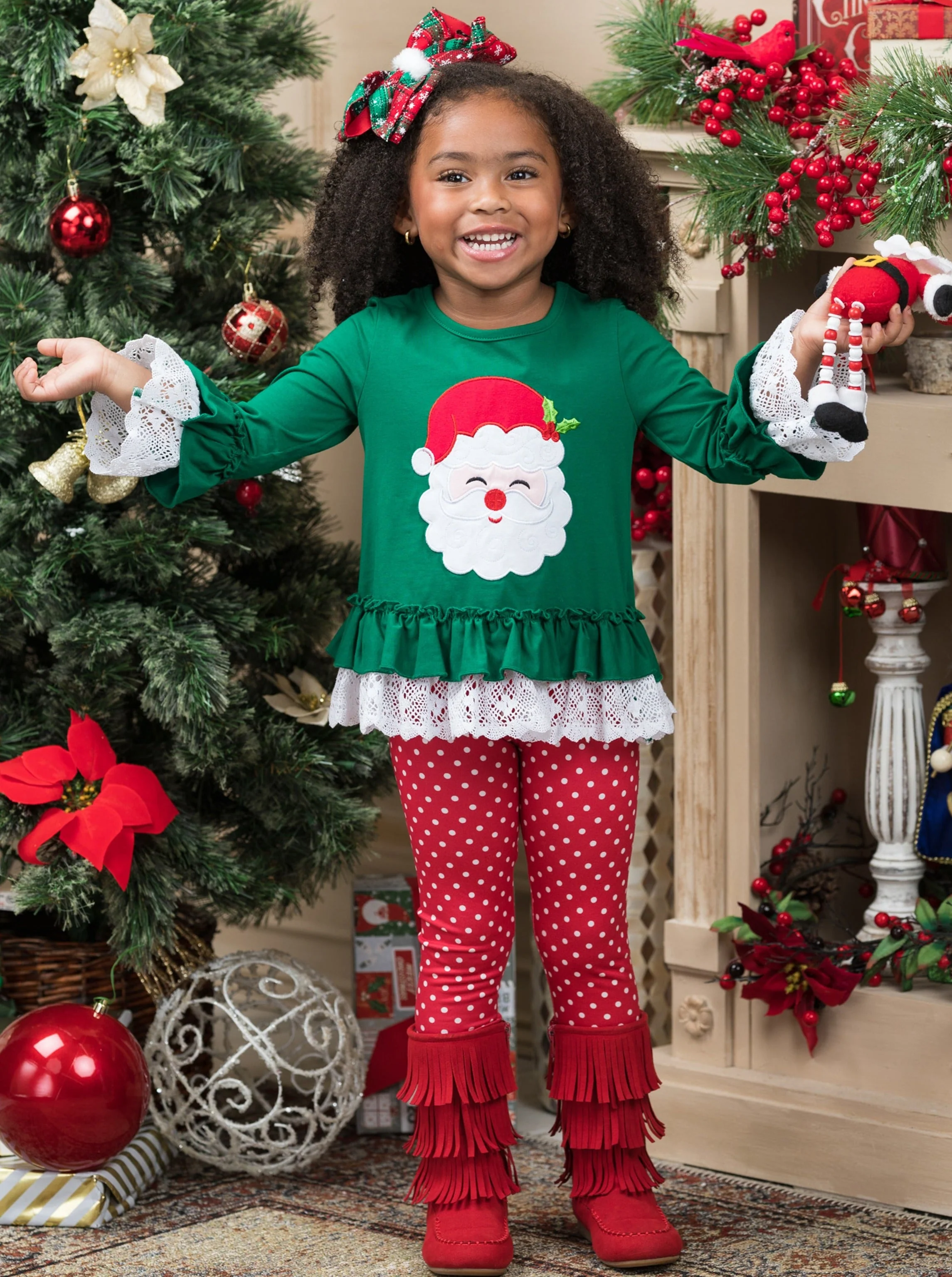Smiley Santa Ruffled Tunic And Polka Dot Legging Set - Image 4
