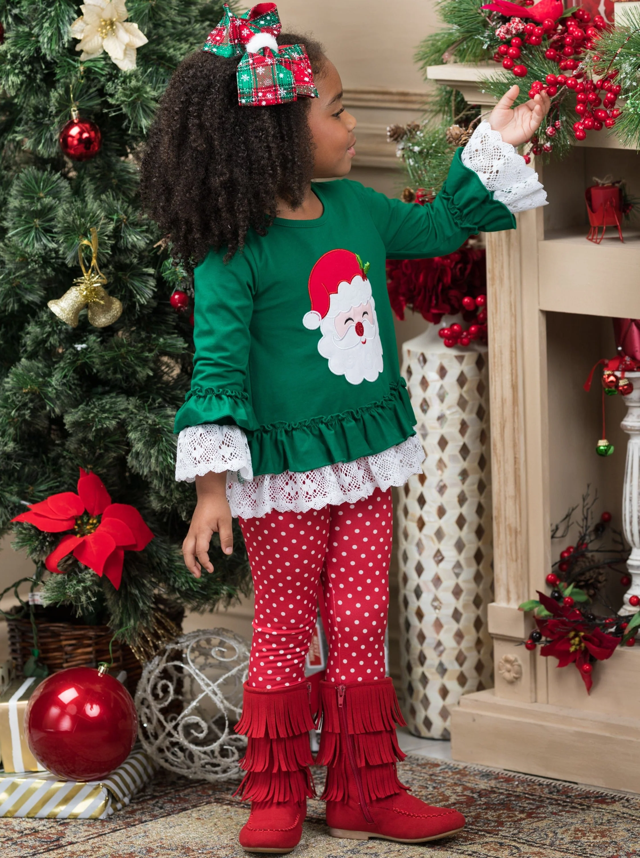 Smiley Santa Ruffled Tunic And Polka Dot Legging Set - Image 5