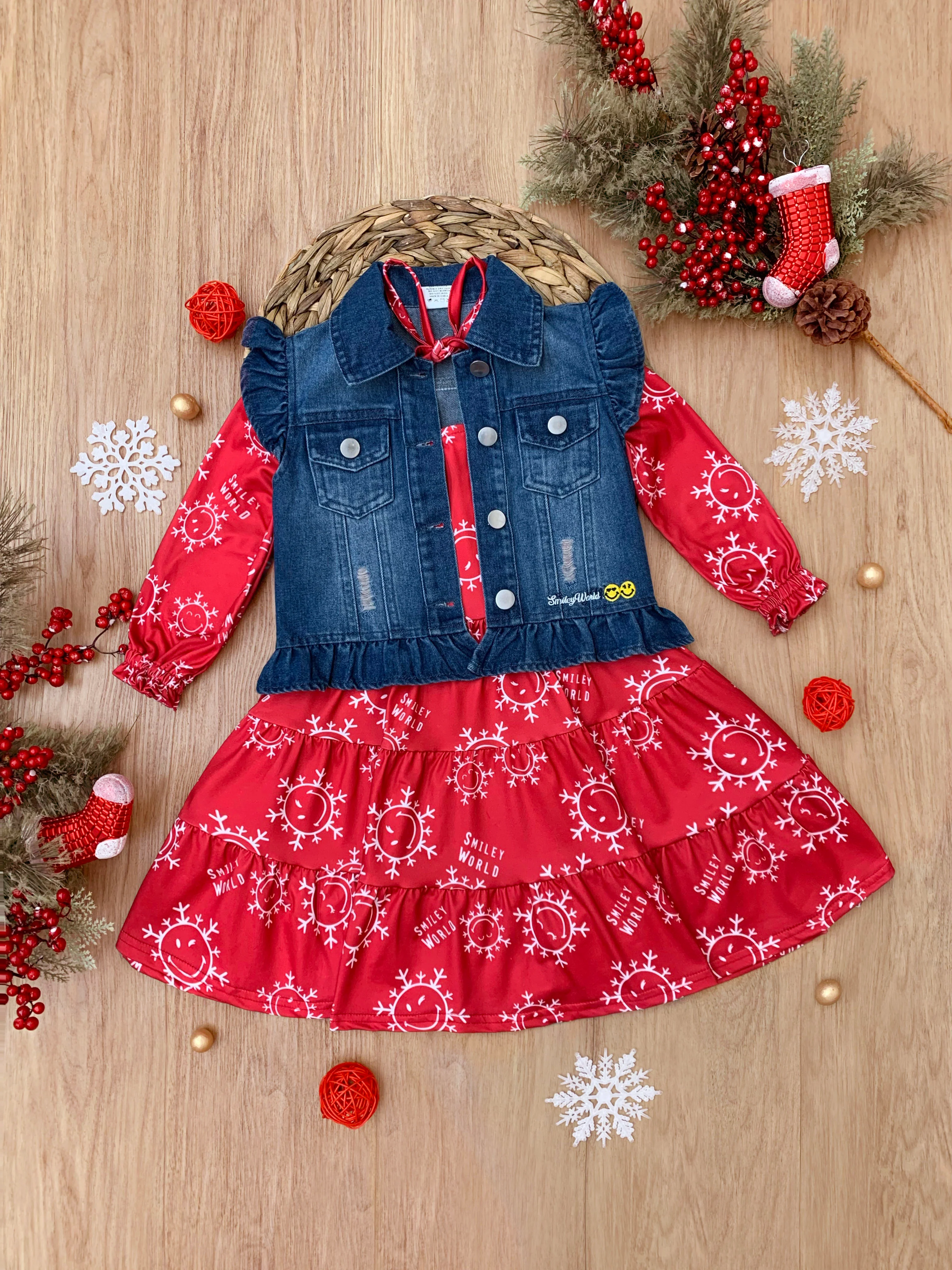SmileyWorld Happy Snowflake Denim Vest and Dress Set - Image 5