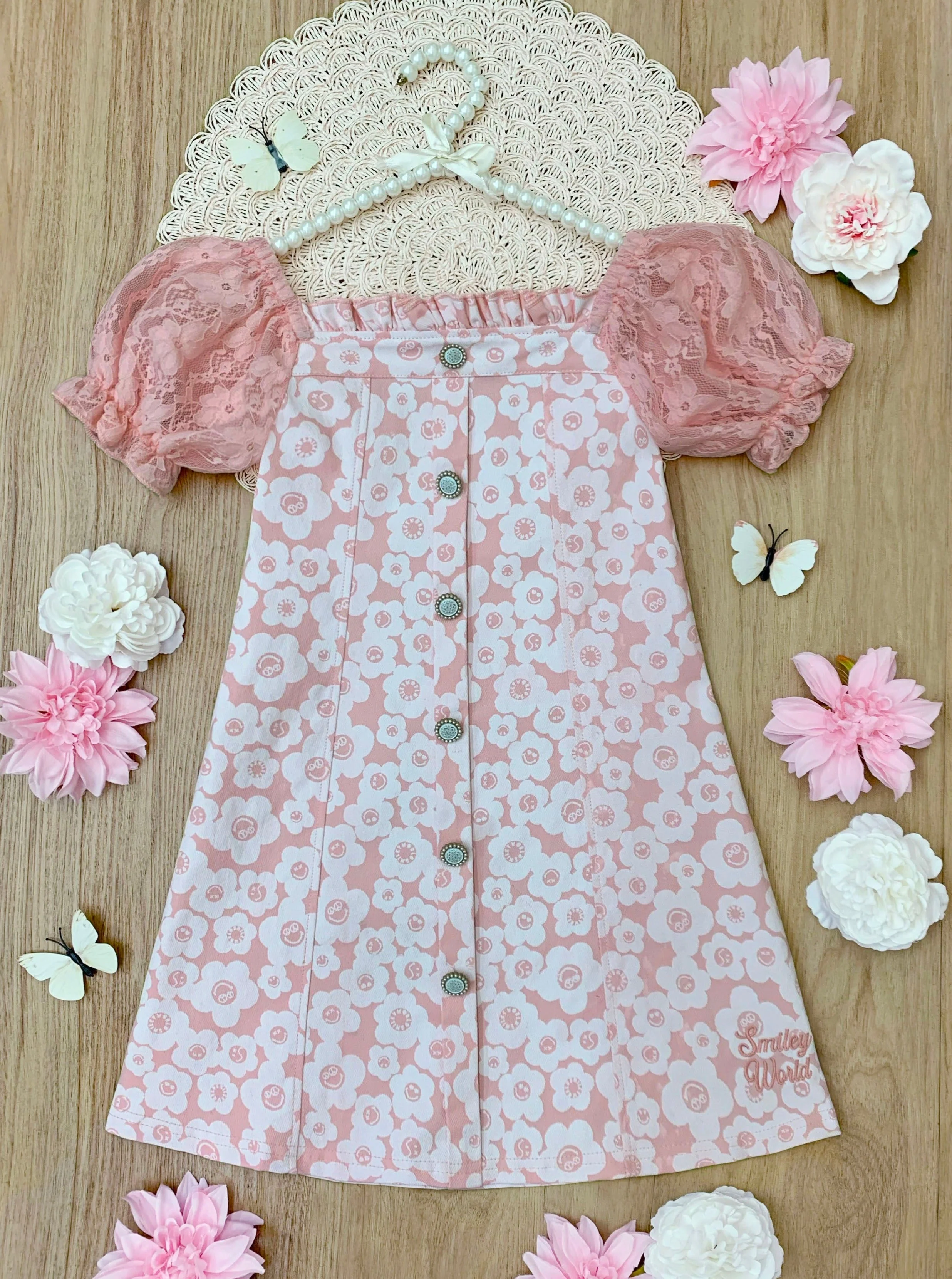 SmileyWorld Flower Power Pink Denim Dress - Image 4