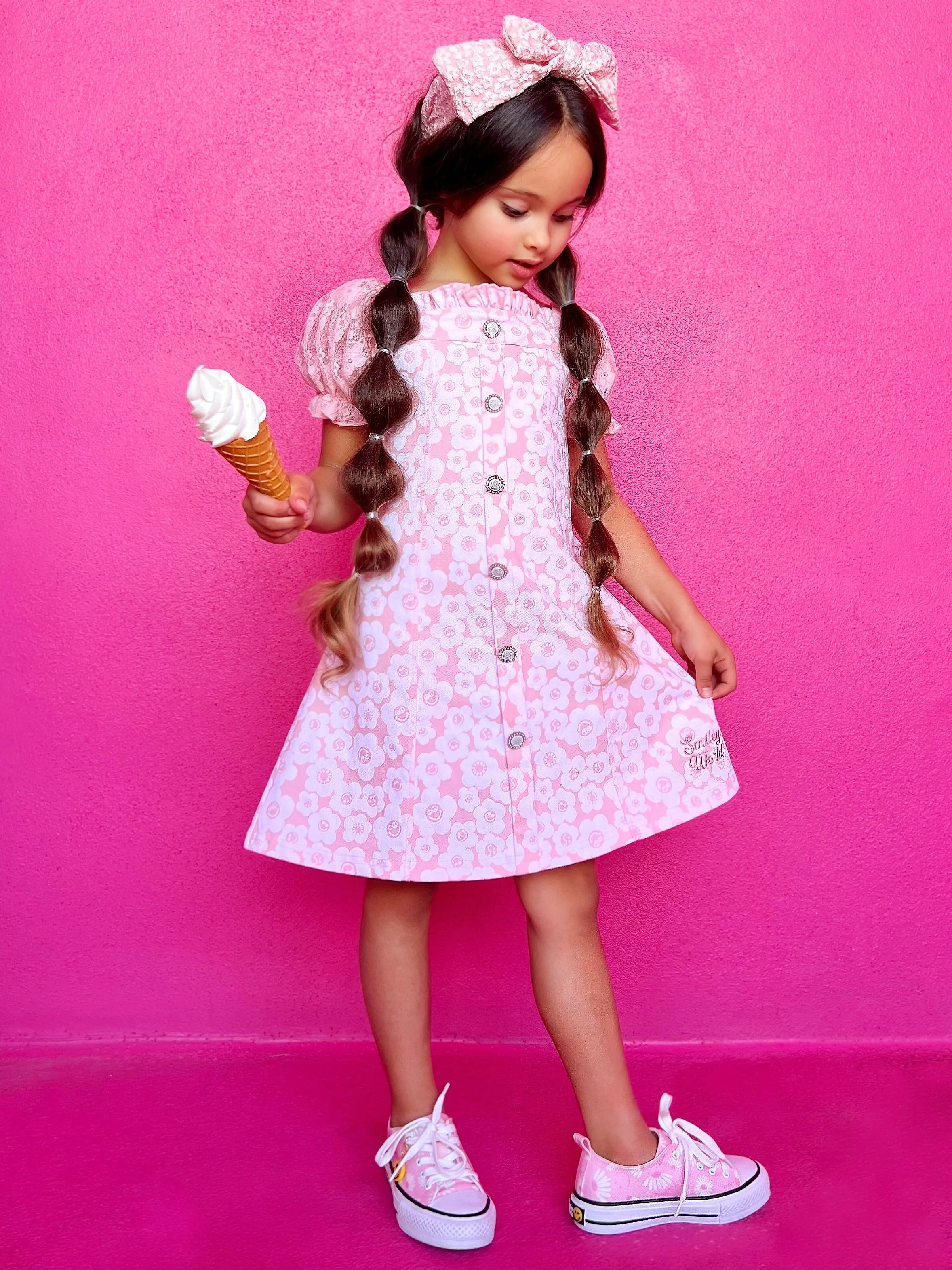 SmileyWorld Flower Power Pink Denim Dress - Image 5