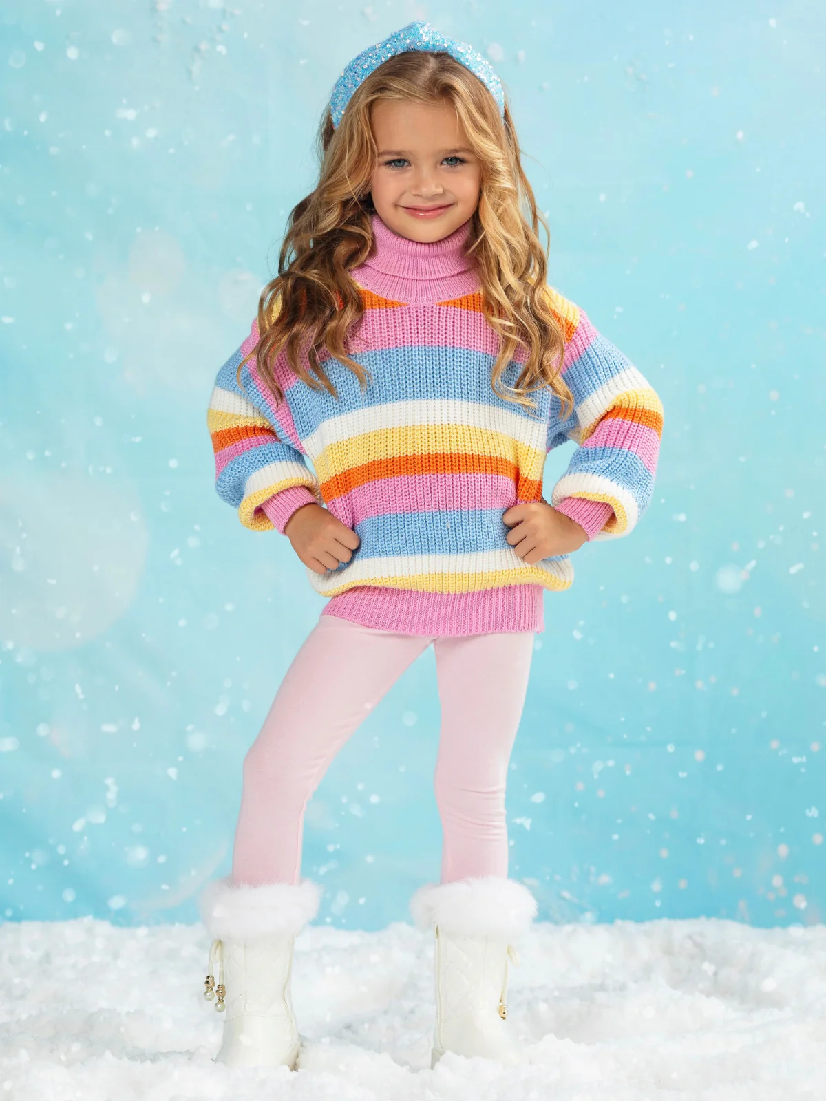 Mommy and Me Snow Day Stripes Balloon Sleeve Sweater - Image 3