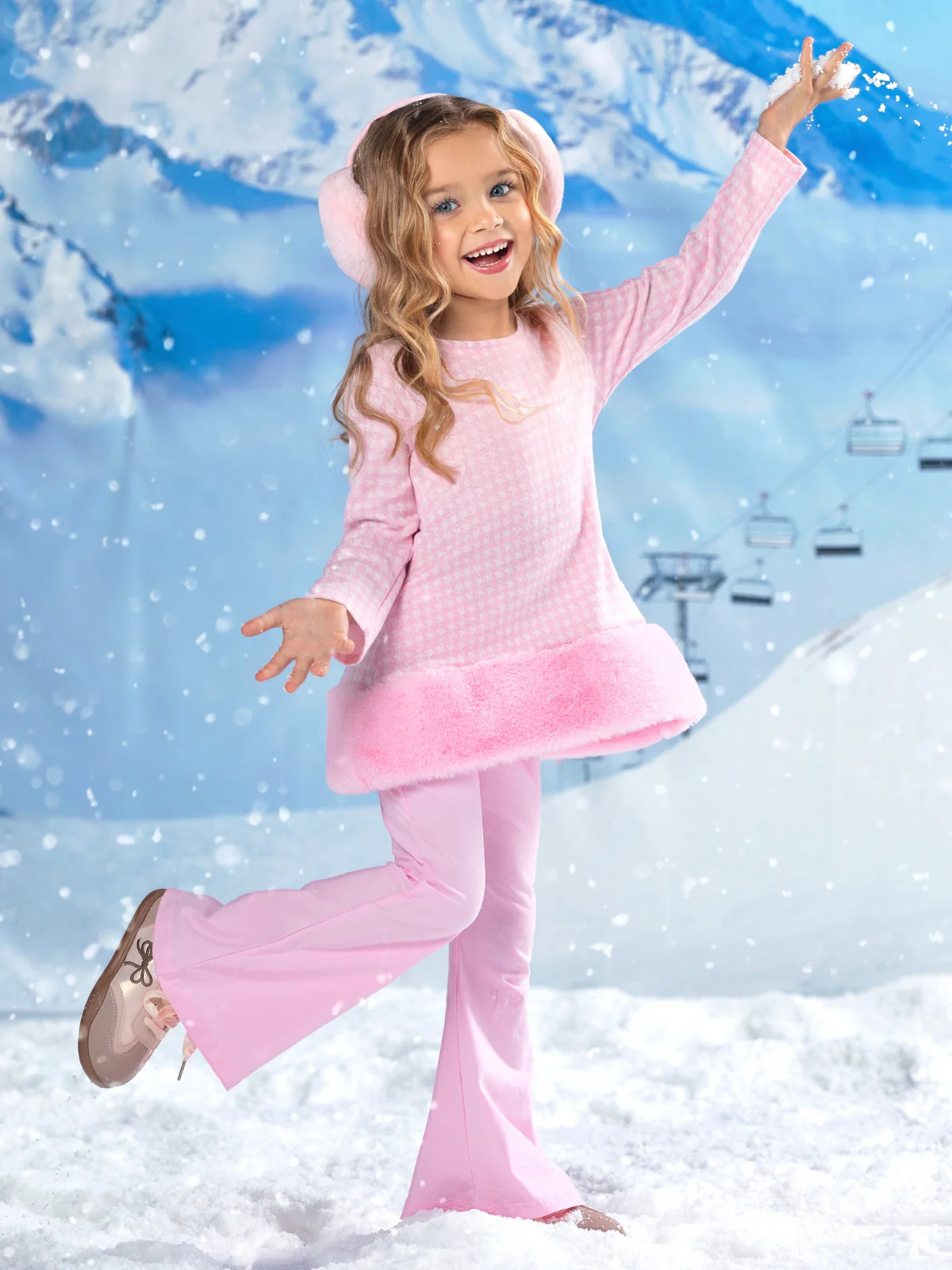 Snowflake Prep Fur Trim Pink Houndstooth Top and Flare Pant Set - Image 2
