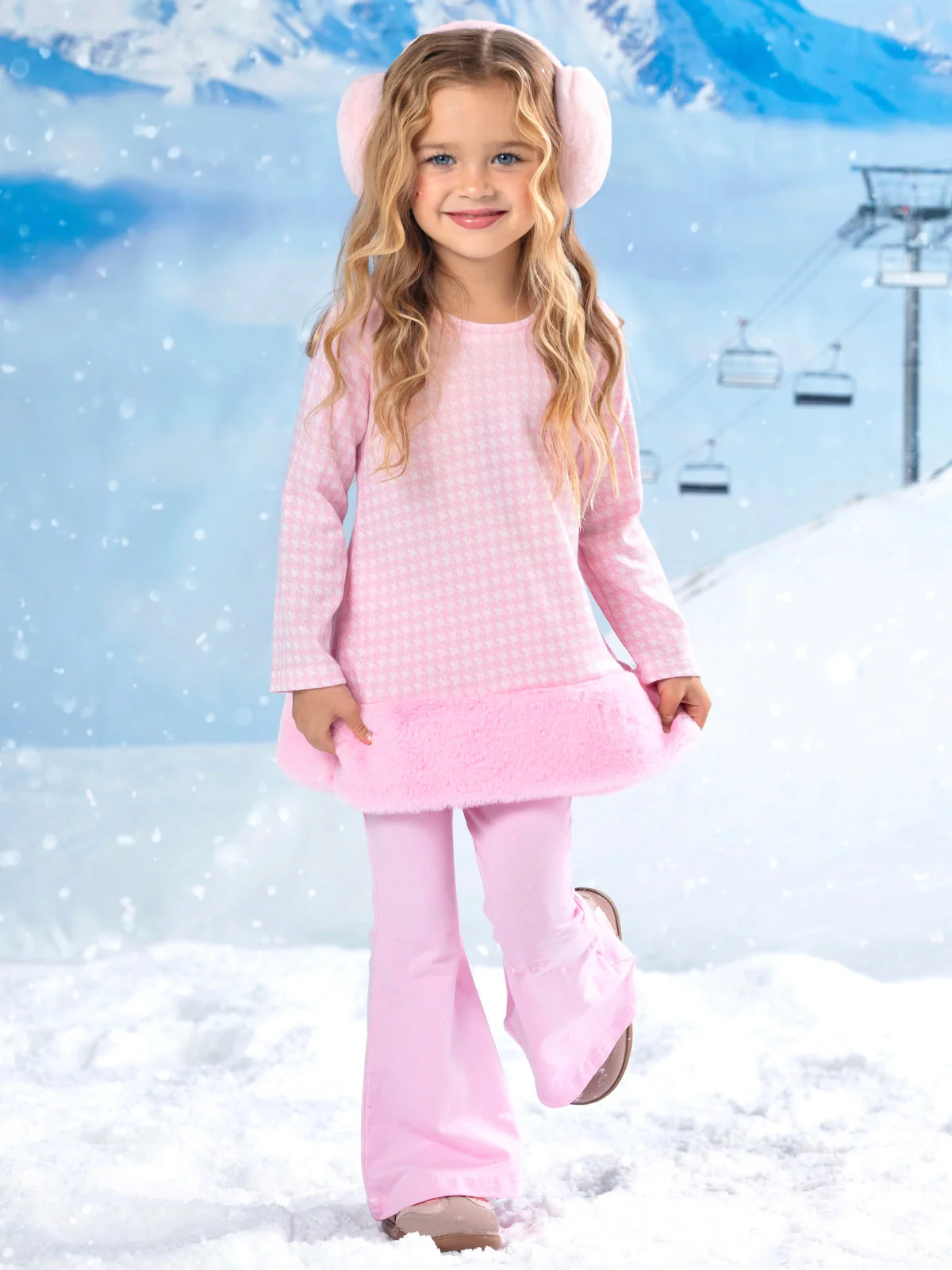 Snowflake Prep Fur Trim Pink Houndstooth Top and Flare Pant Set - Image 4