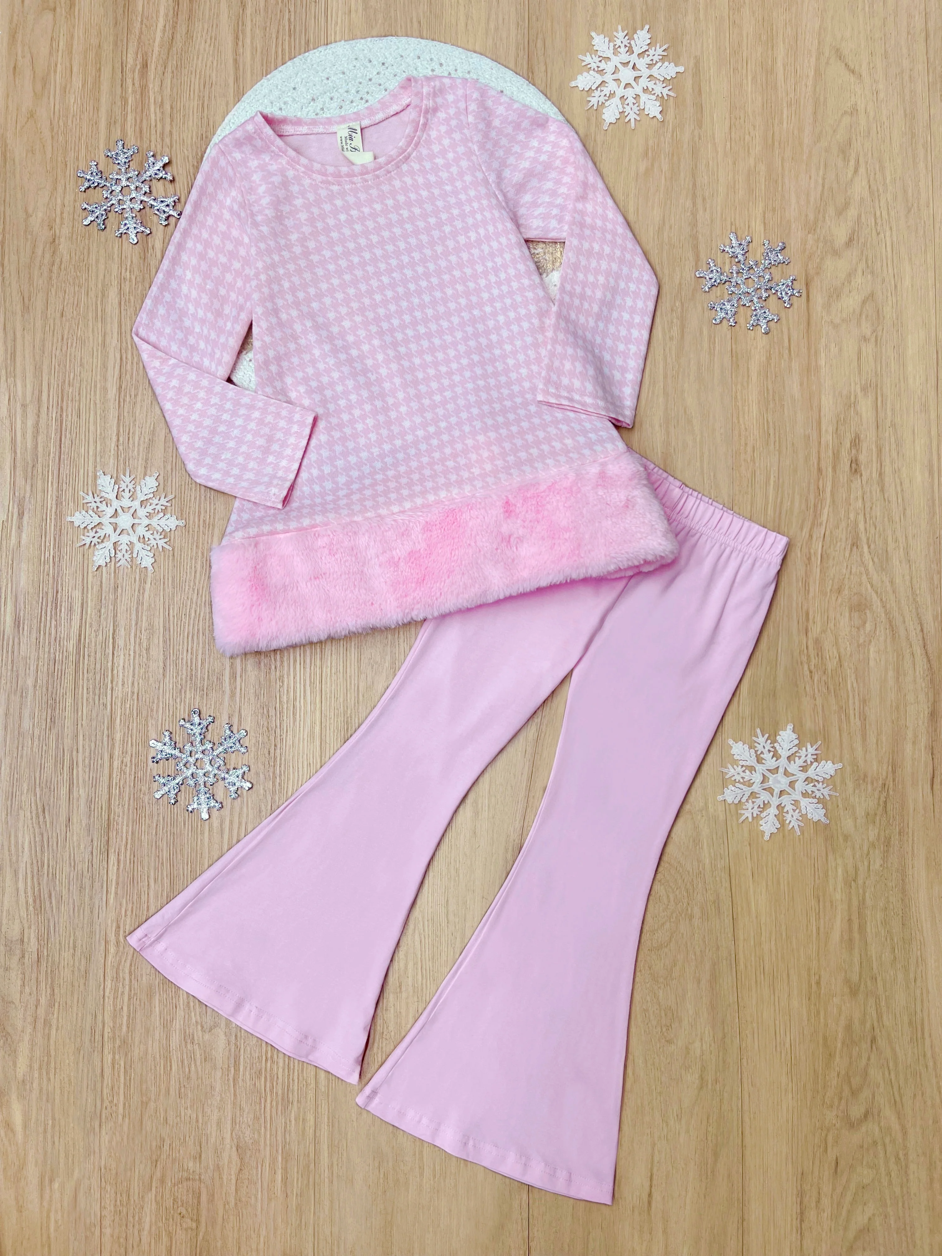 Snowflake Prep Fur Trim Pink Houndstooth Top and Flare Pant Set - Image 5