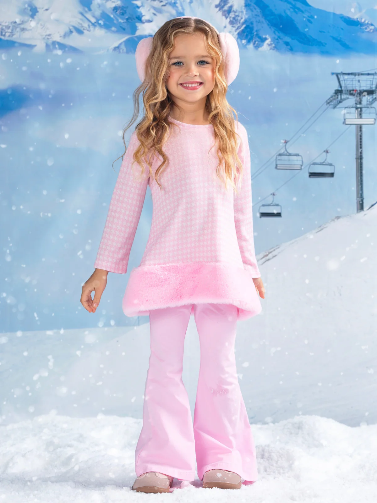 Snowflake Prep Fur Trim Pink Houndstooth Top and Flare Pant Set - Image 6