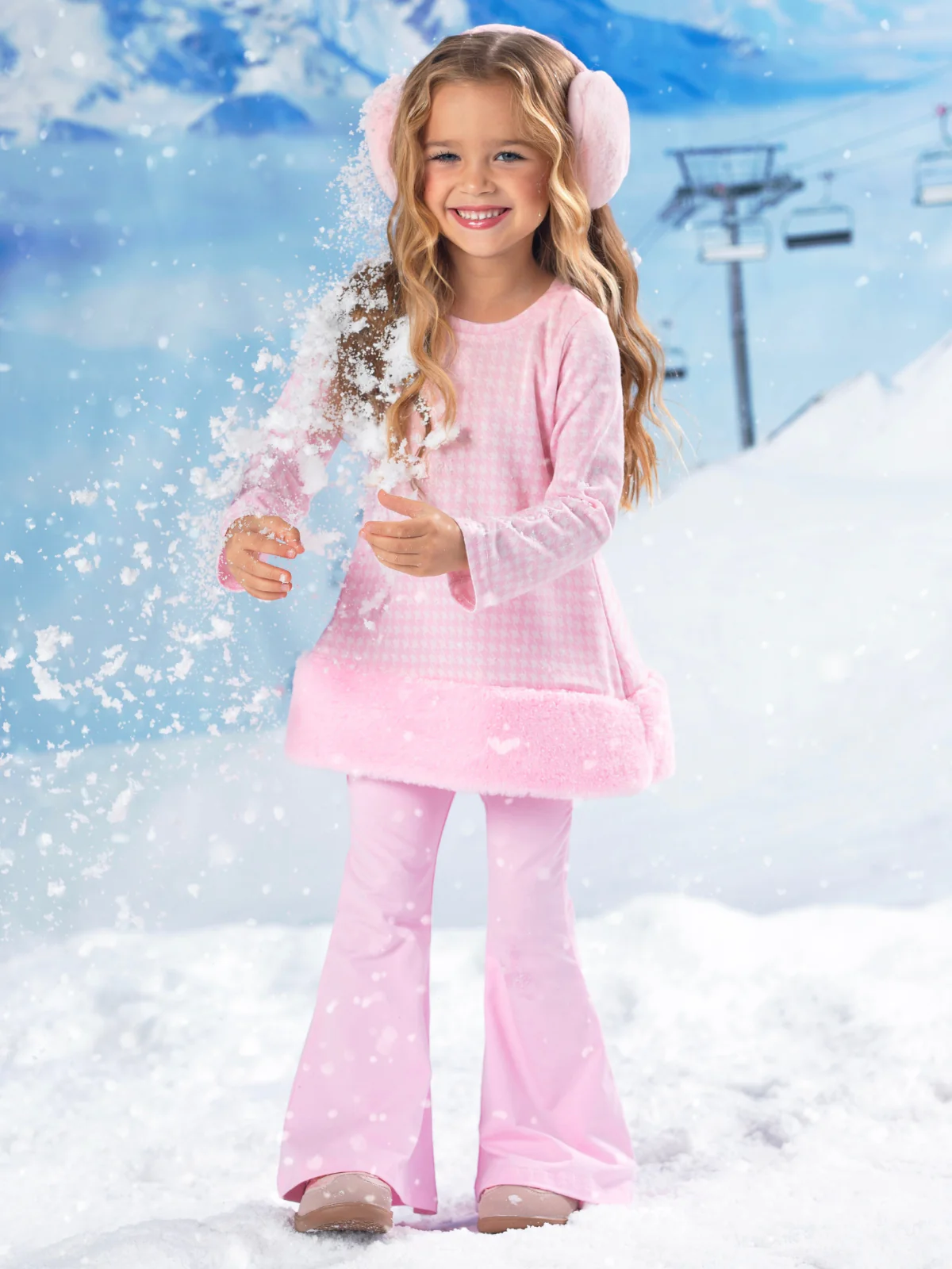 Snowflake Prep Fur Trim Pink Houndstooth Top and Flare Pant Set - Image 7