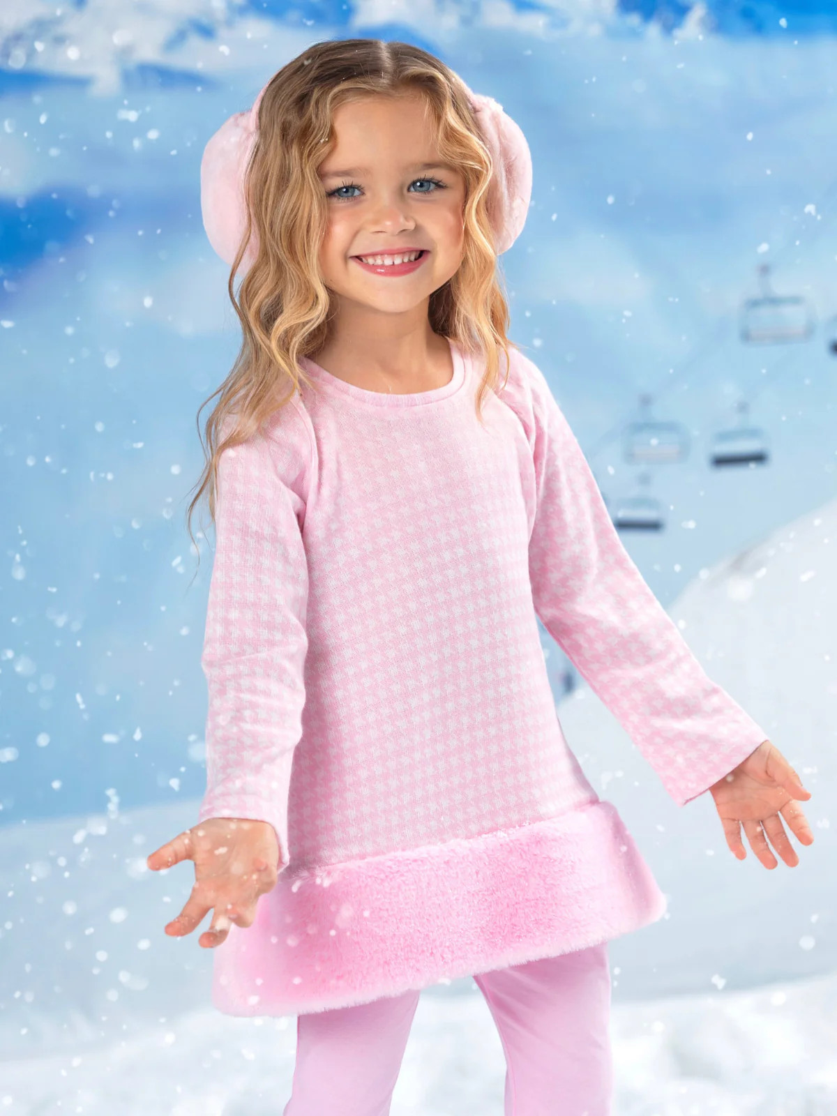 Snowflake Prep Fur Trim Pink Houndstooth Top and Flare Pant Set - Image 8