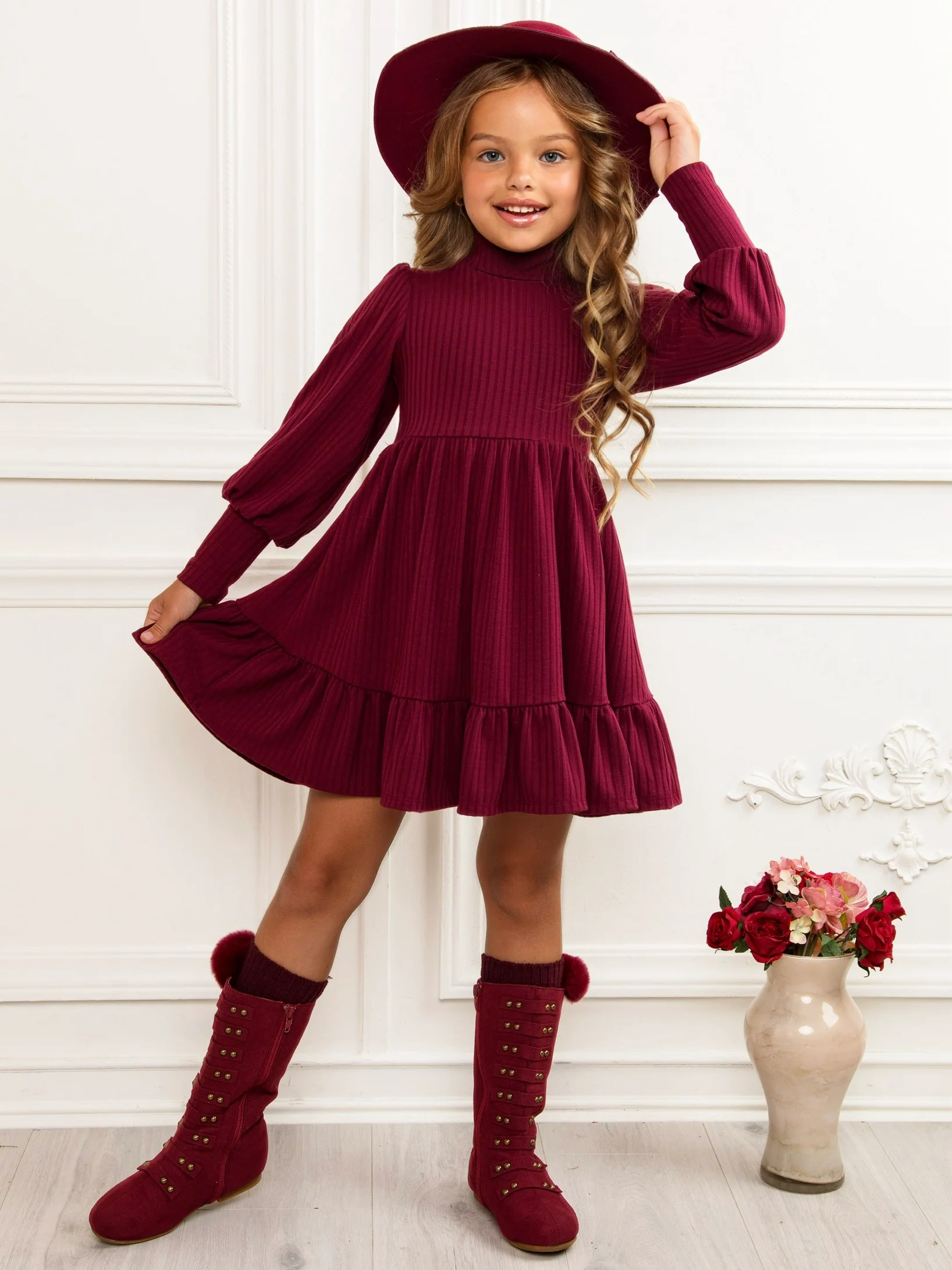 Snuggle & Twirl Burgundy Ribbed Turtleneck Ruffle Dress - Image 3