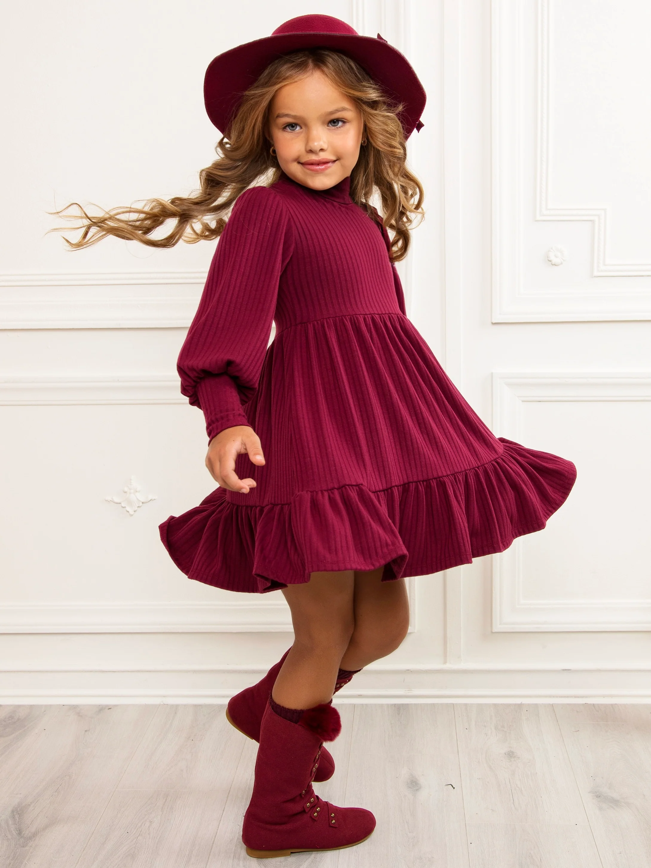 Snuggle & Twirl Burgundy Ribbed Turtleneck Ruffle Dress - Image 4