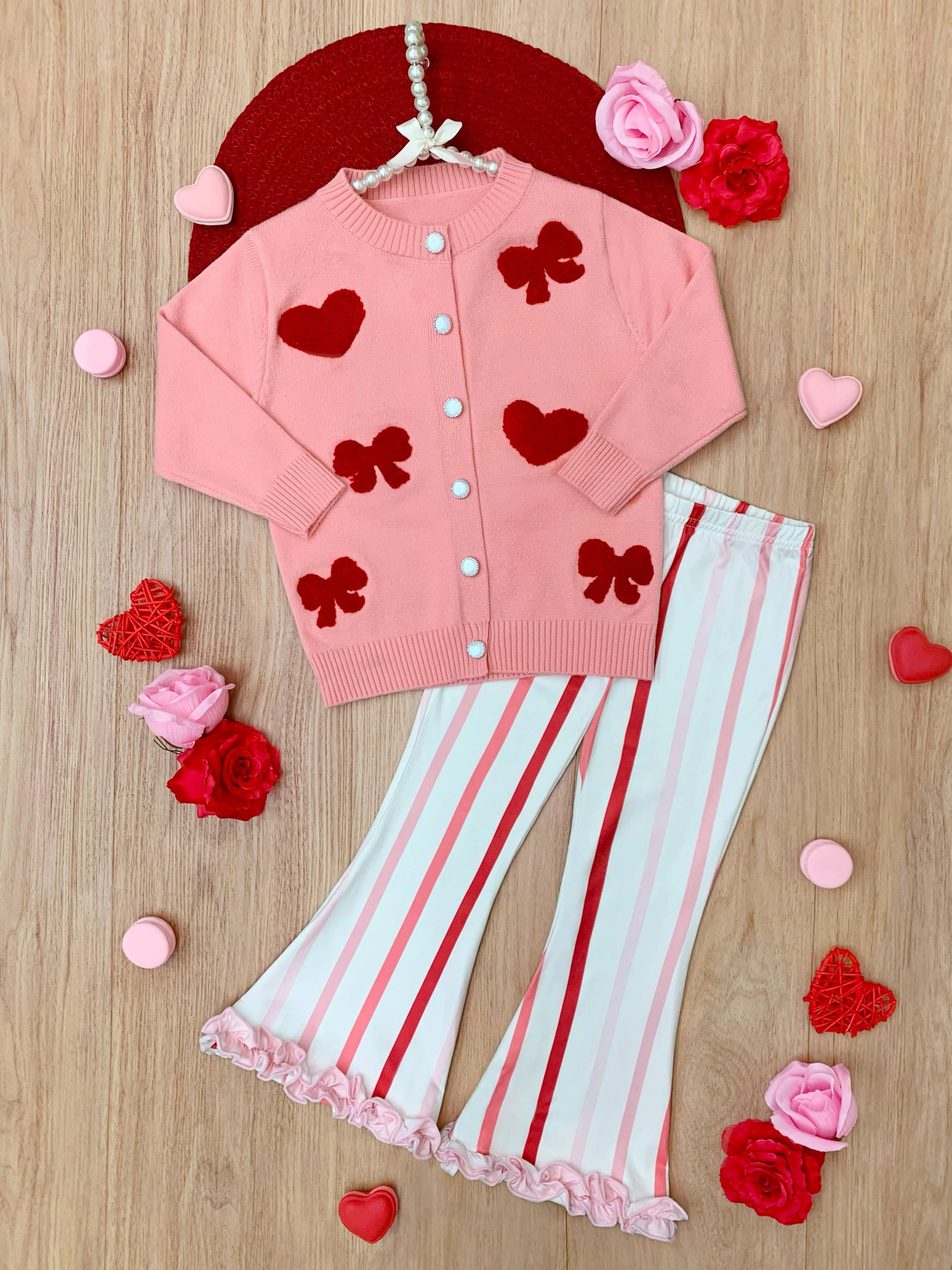 So Girly Embroidered Bow Cardigan and Striped Flare Pant Set - Image 2