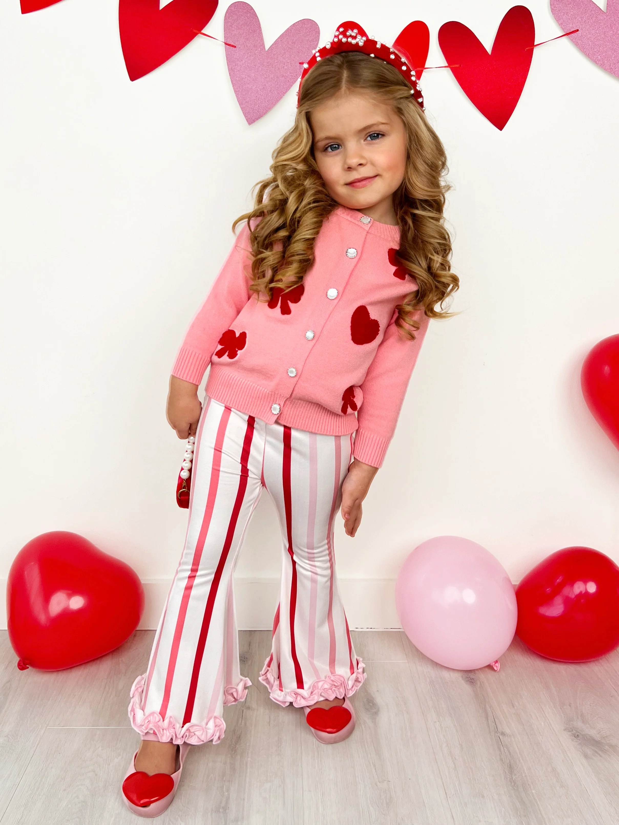 So Girly Embroidered Bow Cardigan and Striped Flare Pant Set - Image 3