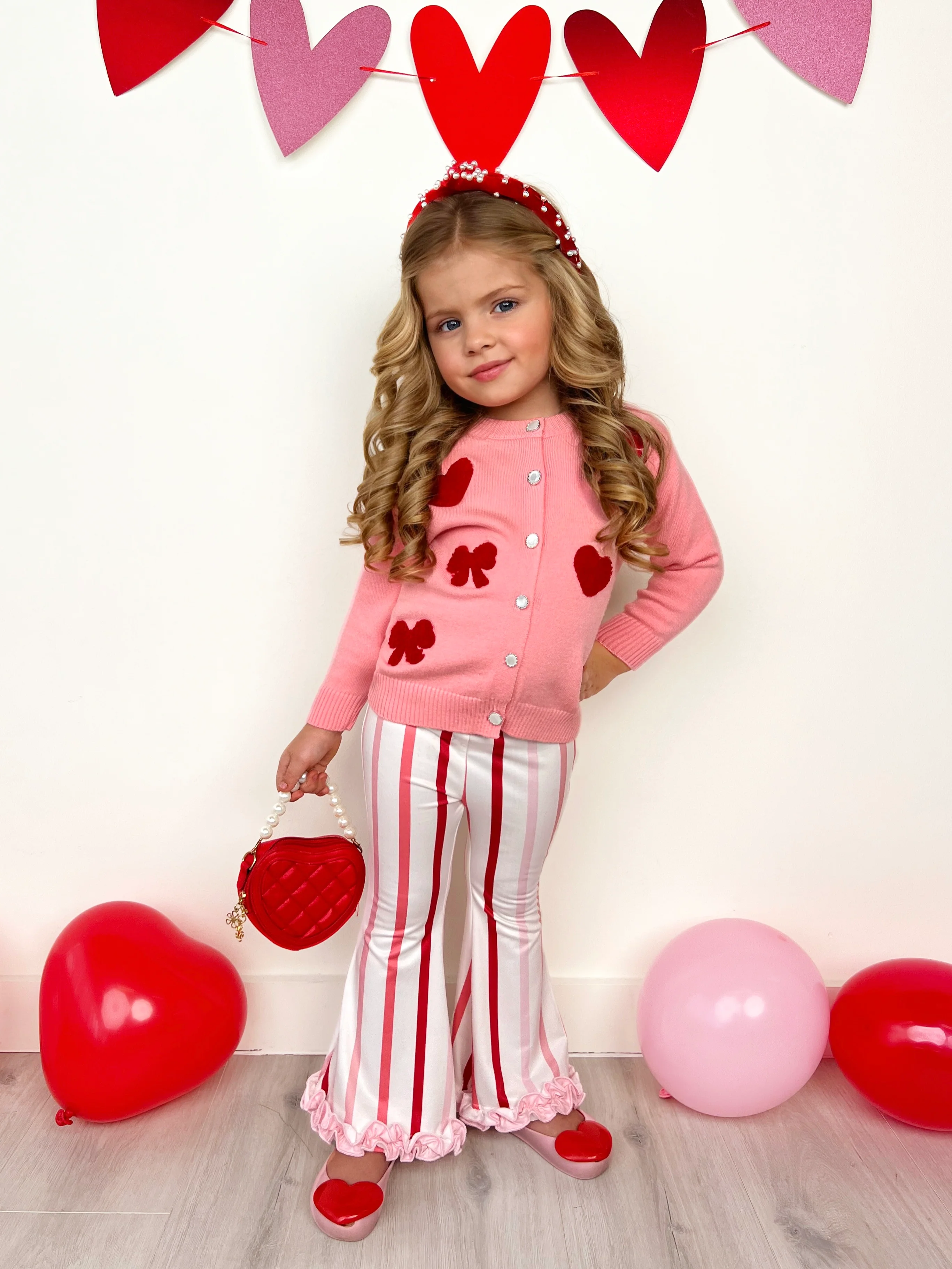 So Girly Embroidered Bow Cardigan and Striped Flare Pant Set - Image 4