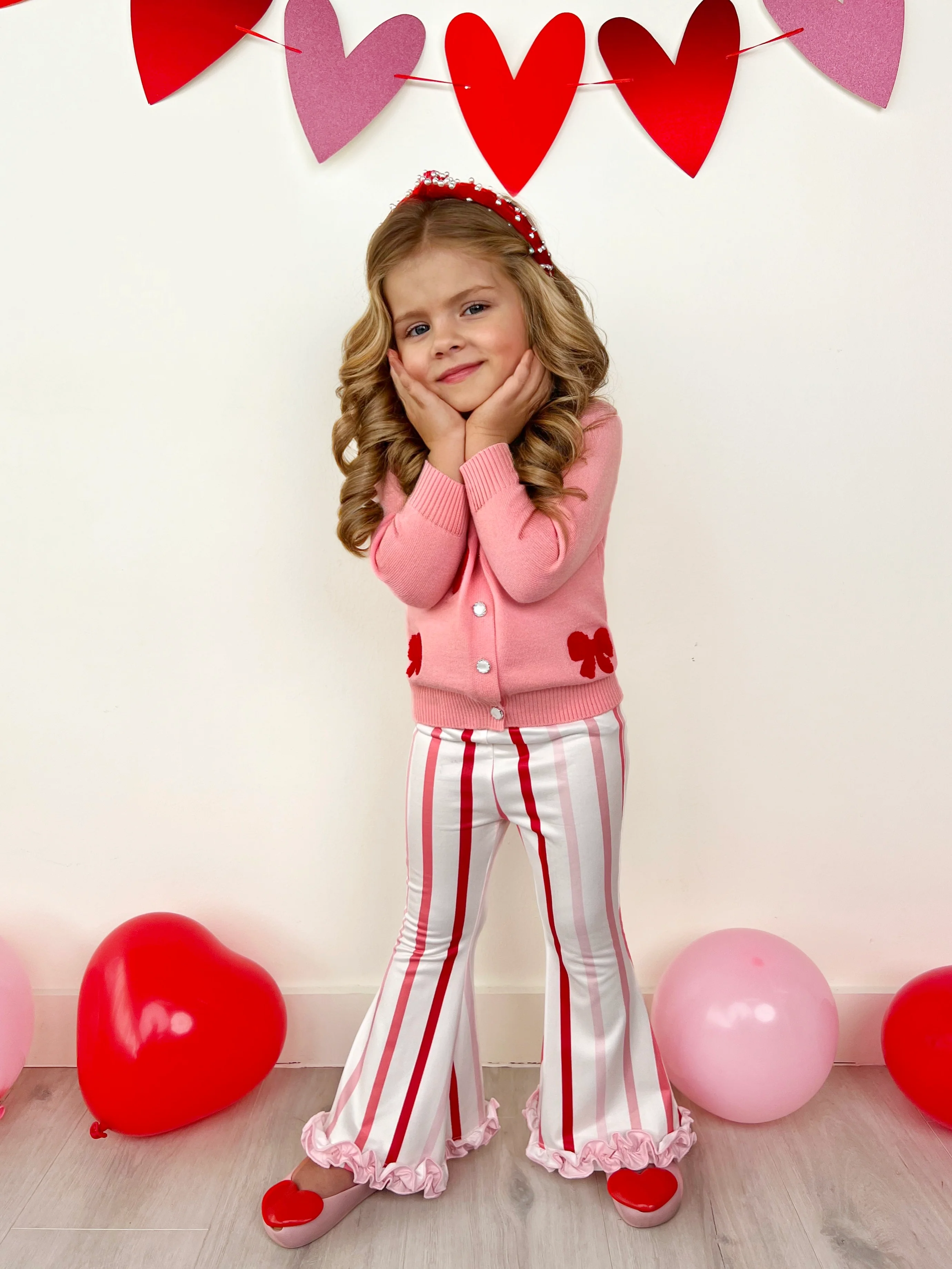 So Girly Embroidered Bow Cardigan and Striped Flare Pant Set - Image 5