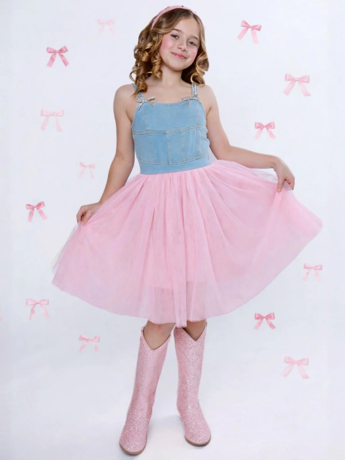 Sparkle Denim Bow Tulle Dress - Image 5