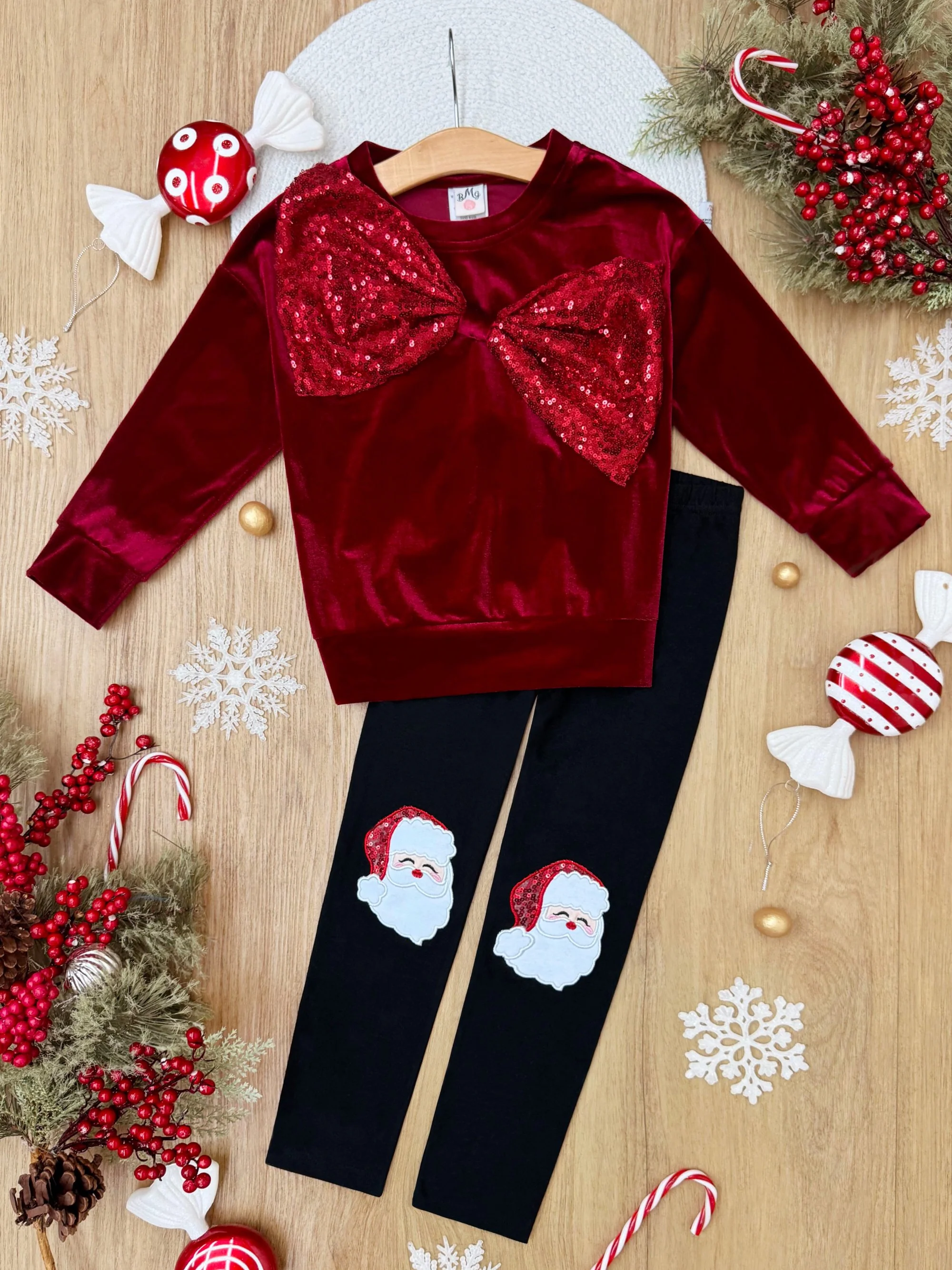 Velvet Sparkle Bow Sweater and Santa Legging Set - Image 2