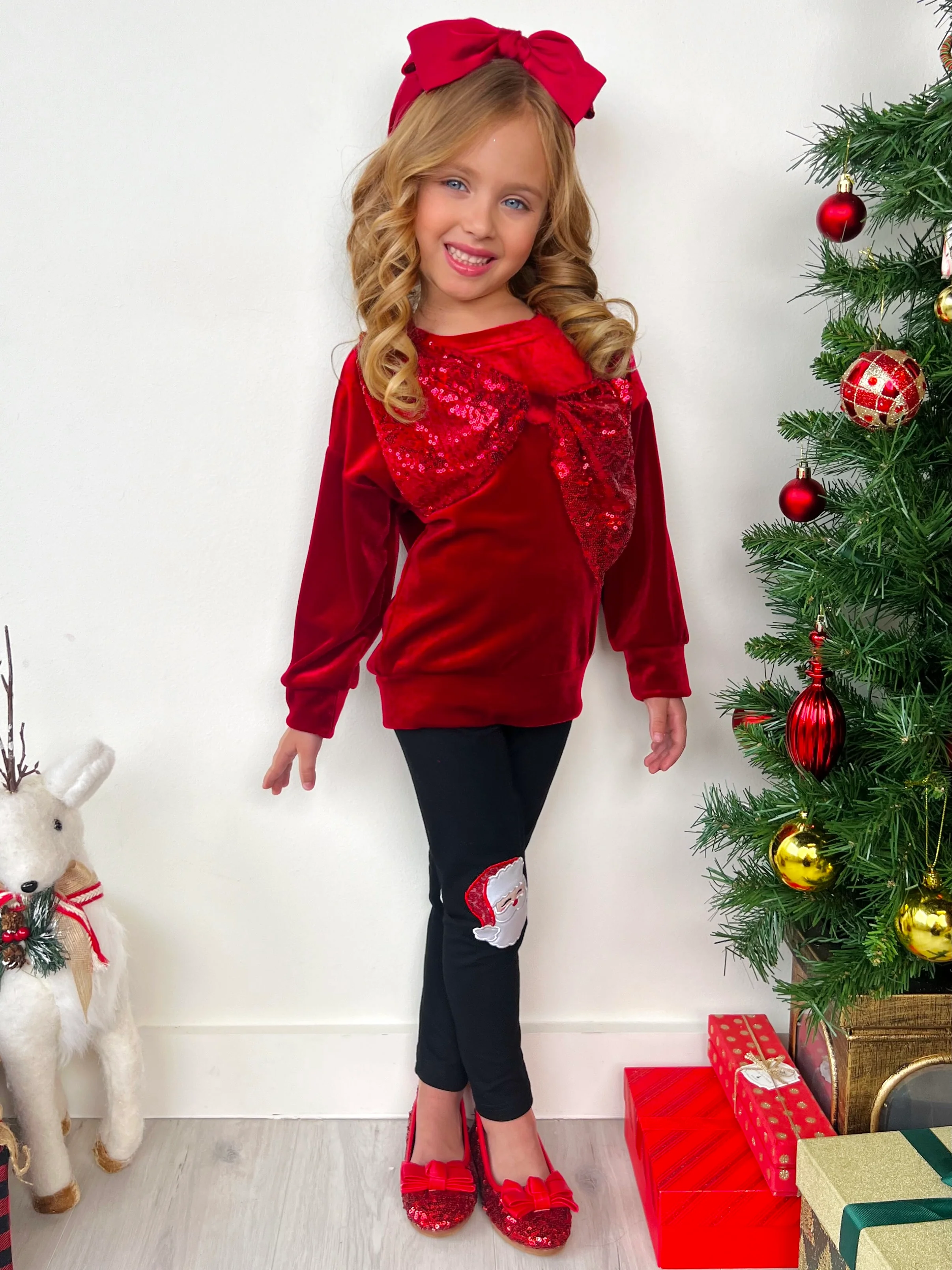 Velvet Sparkle Bow Sweater and Santa Legging Set - Image 3