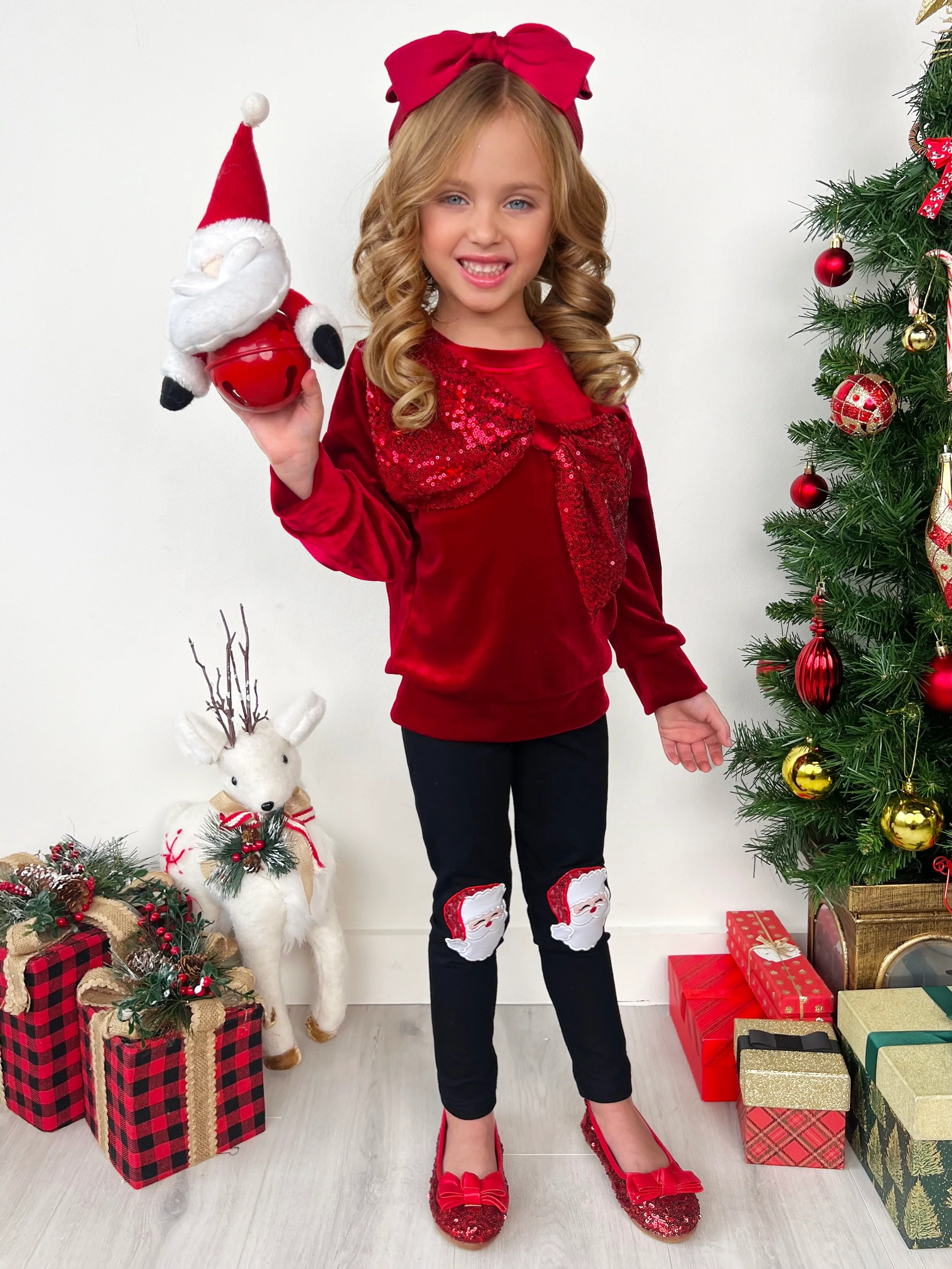 Velvet Sparkle Bow Sweater and Santa Legging Set - Image 5