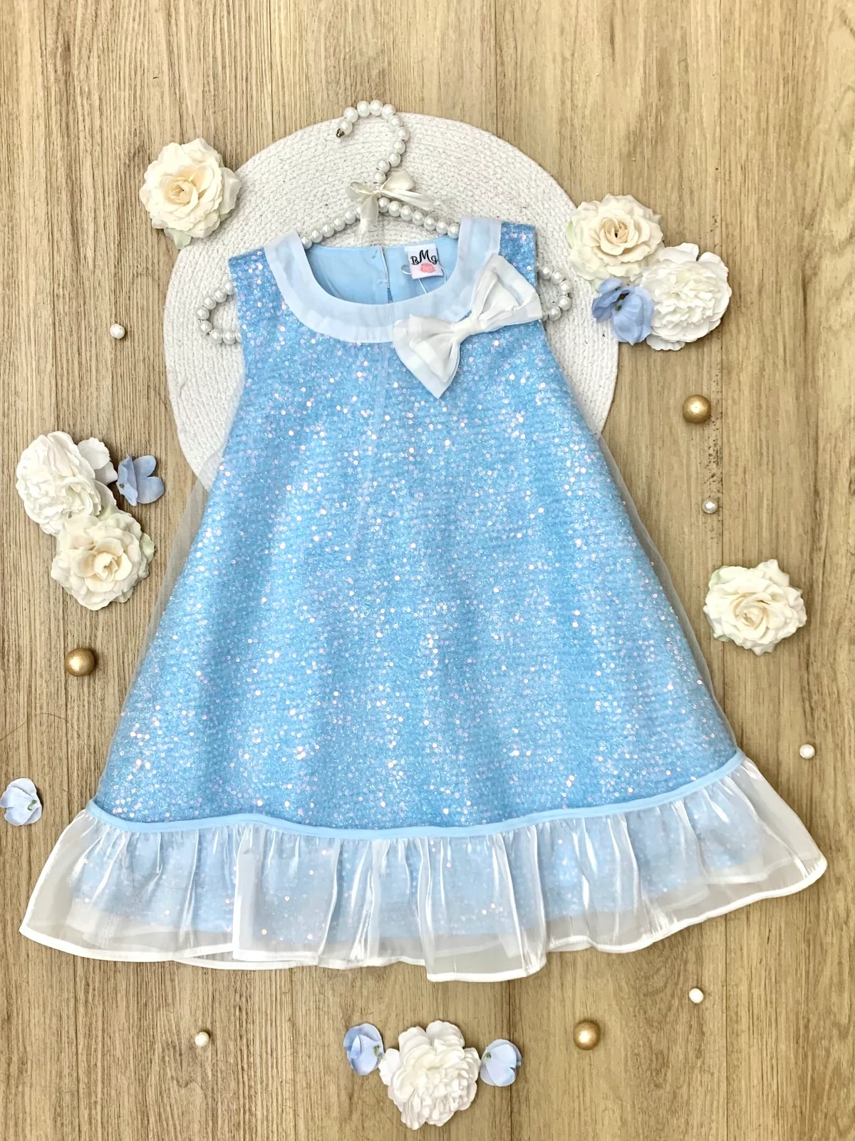 Sparkly Blue Bow Sequin Ruffle Dress - Image 2
