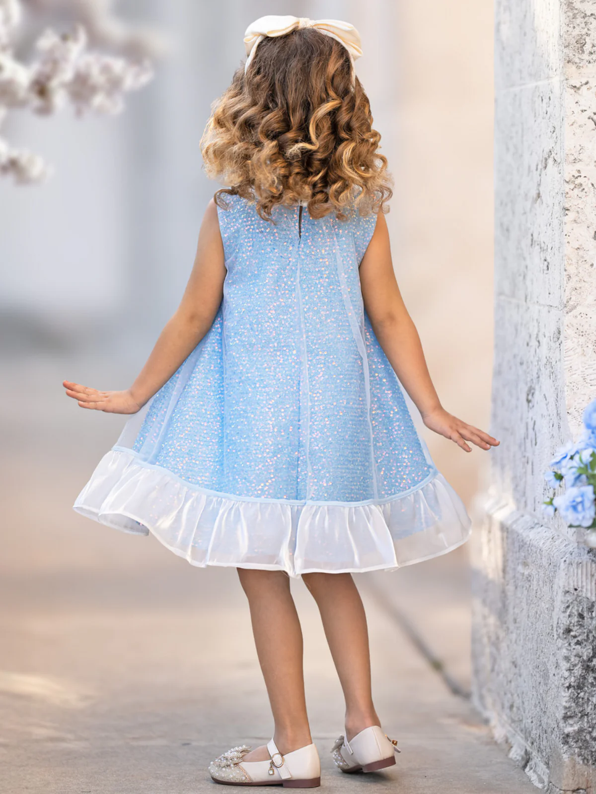 Sparkly Blue Bow Sequin Ruffle Dress - Image 3