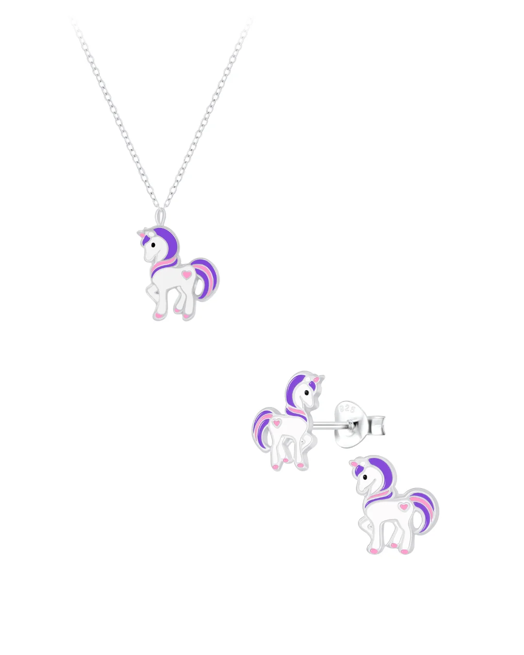 Sterling Silver Purple Unicorn Pendant Necklace and Earring Set