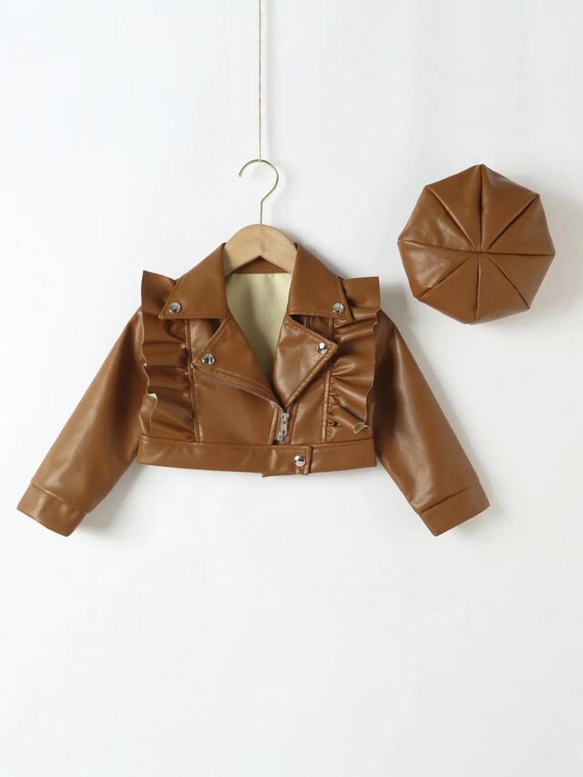 Stylin' Ruffle Trim PU Crop Jacket and Hat Set - Image 2