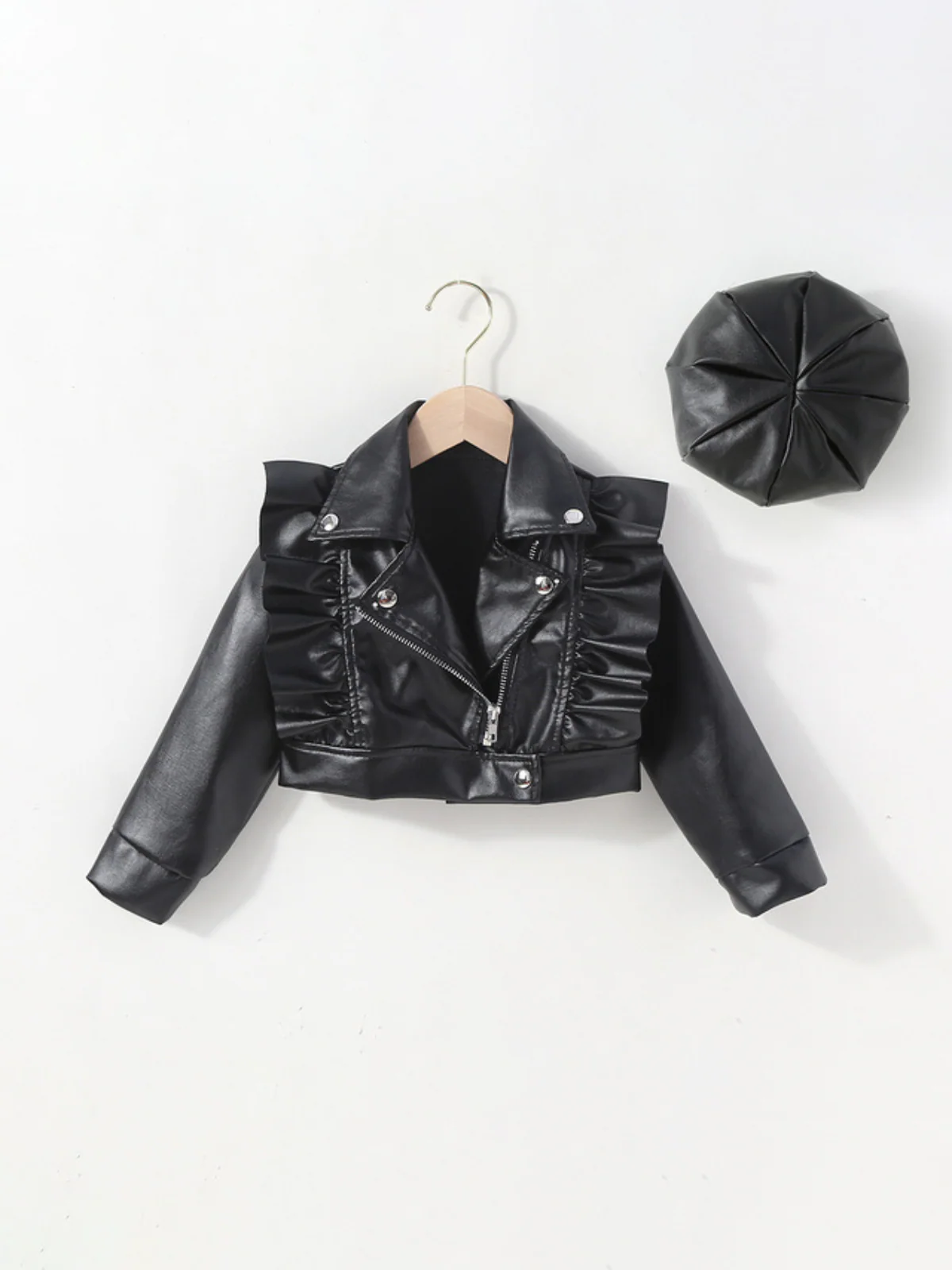 Stylin' Ruffle Trim PU Crop Jacket and Hat Set - Image 4